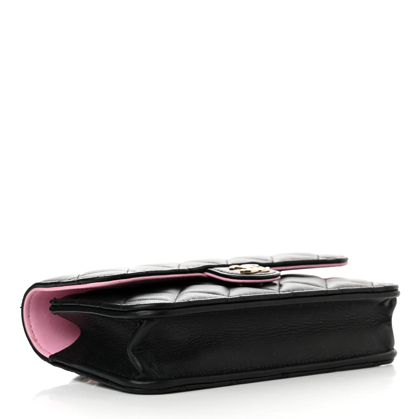 Lambskin Quilted Flap Phone Holder With Chain Black Lilac