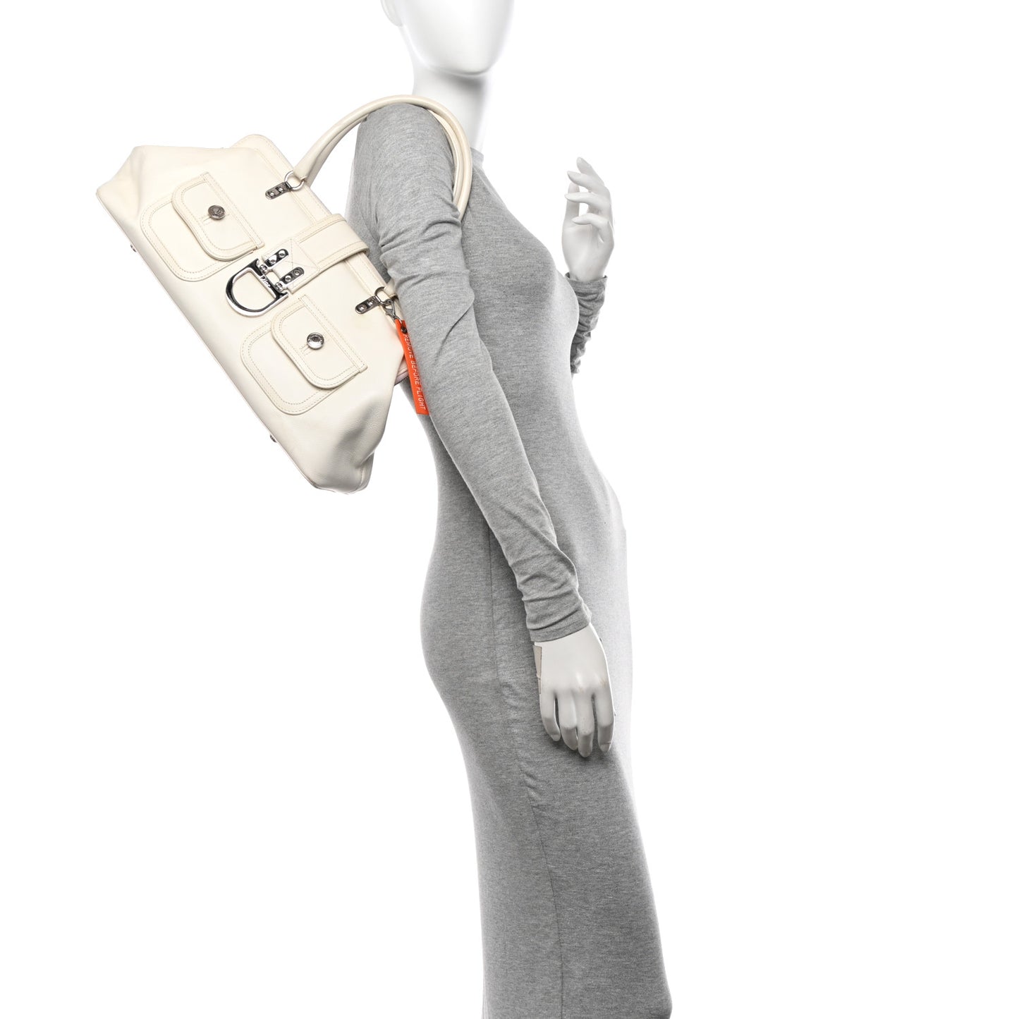 Calfskin Buckle Frame Satchel White