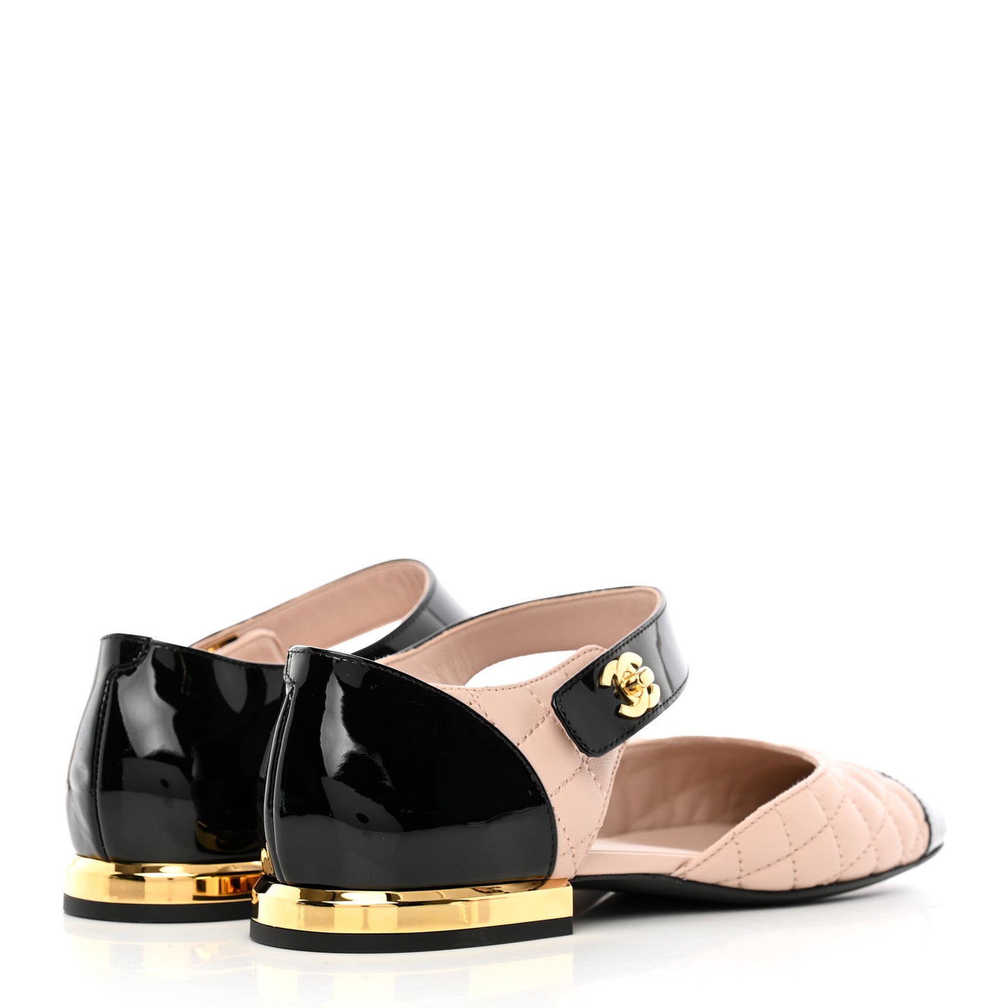 Patent Lambskin Quilted Cap Toe Ballerina Flats 36 Beige Black