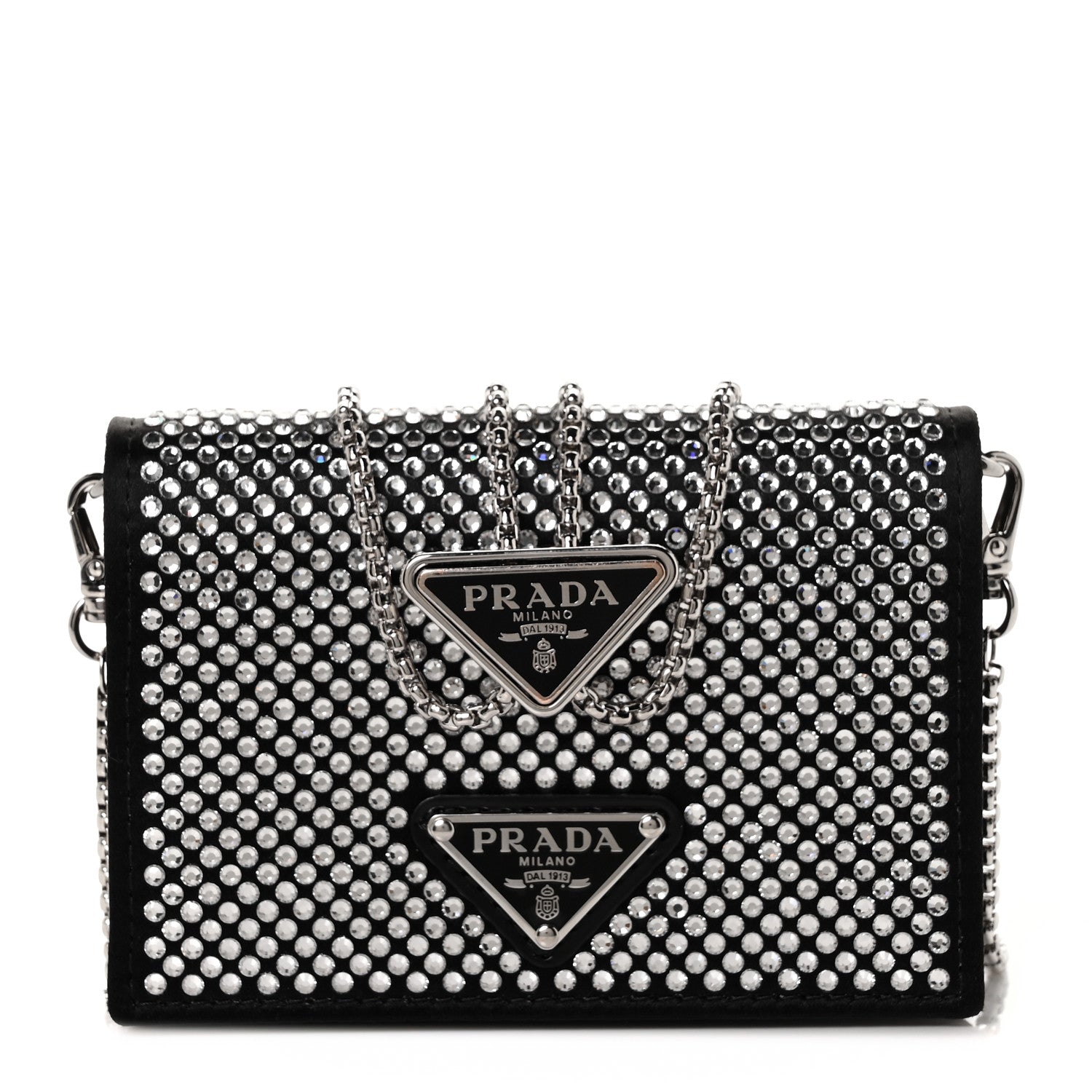 Prada Satin Crystal Metal Triangle Logo Card Holder With Strap Cristal 1 of 7
