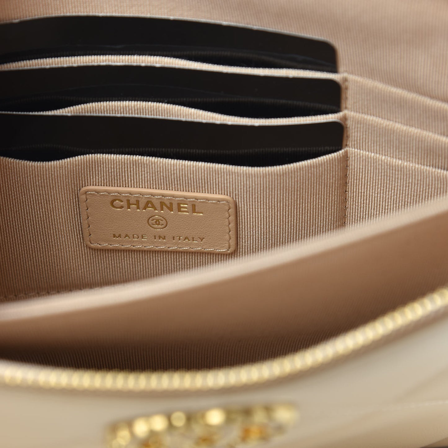 Shiny Goatskin Quilted Chanel 19 Small Pouch With Handle Beige