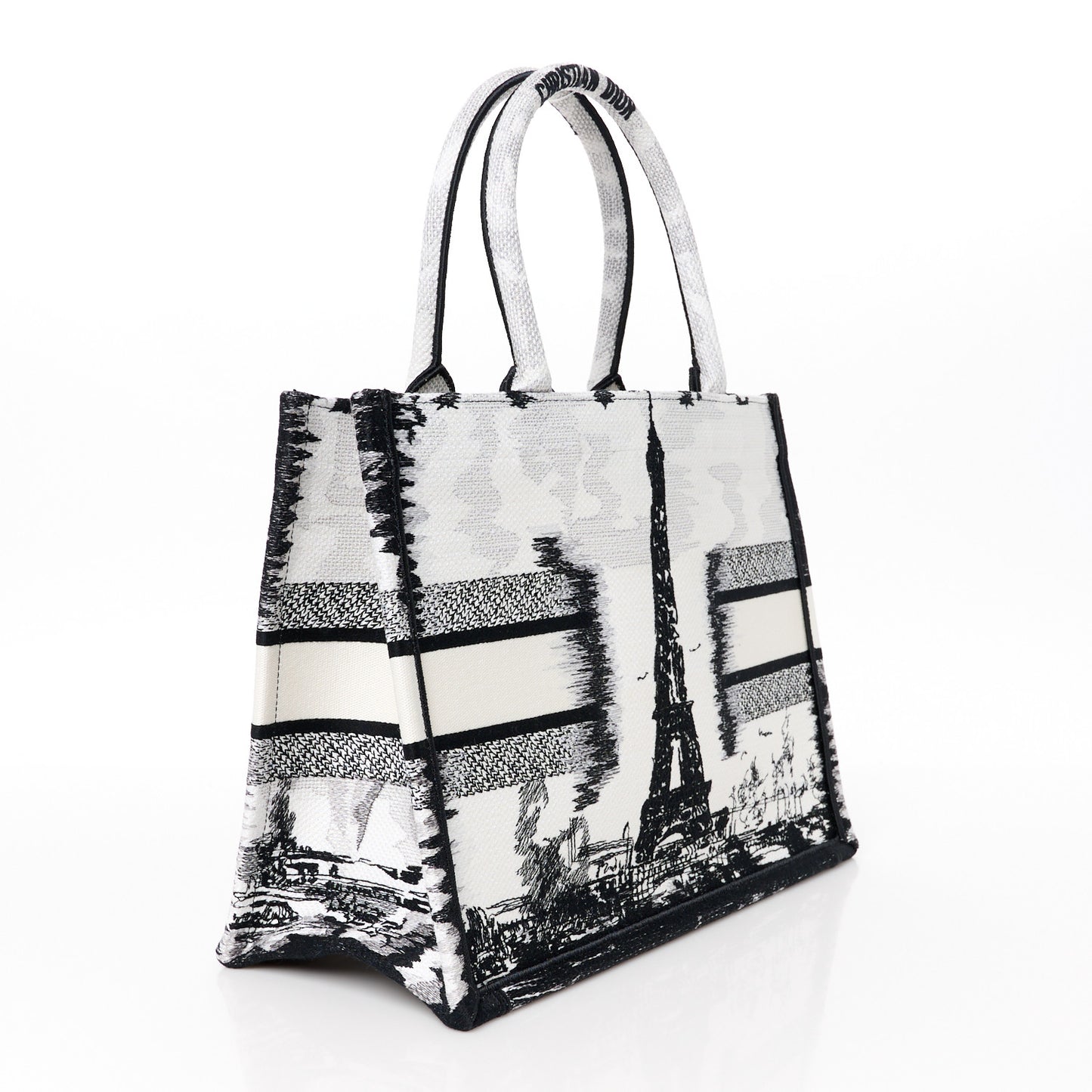 Canvas Embroidered Medium Paris Book Tote White Black