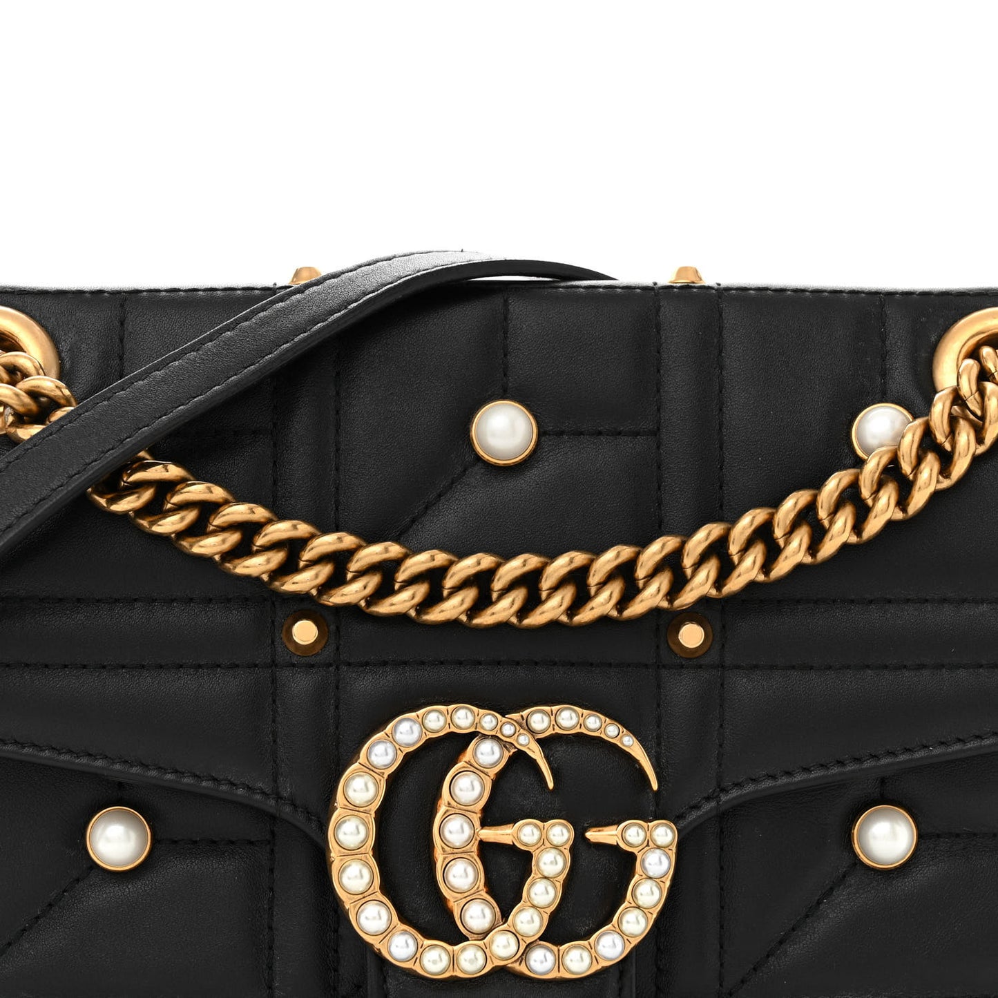 Calfskin Matelasse Studded Small Pearly GG Marmont Shoulder Bag Black