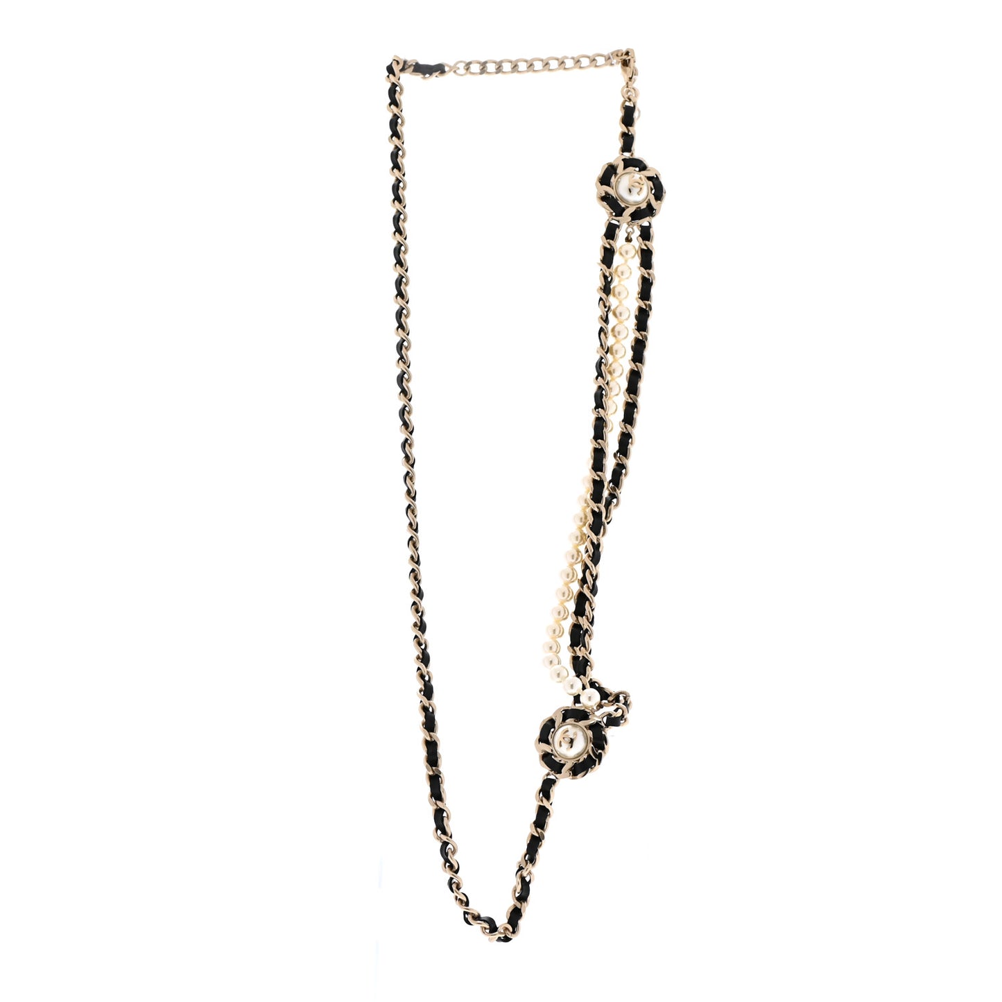 Pearl Calfskin CC Chain Necklace Black Gold