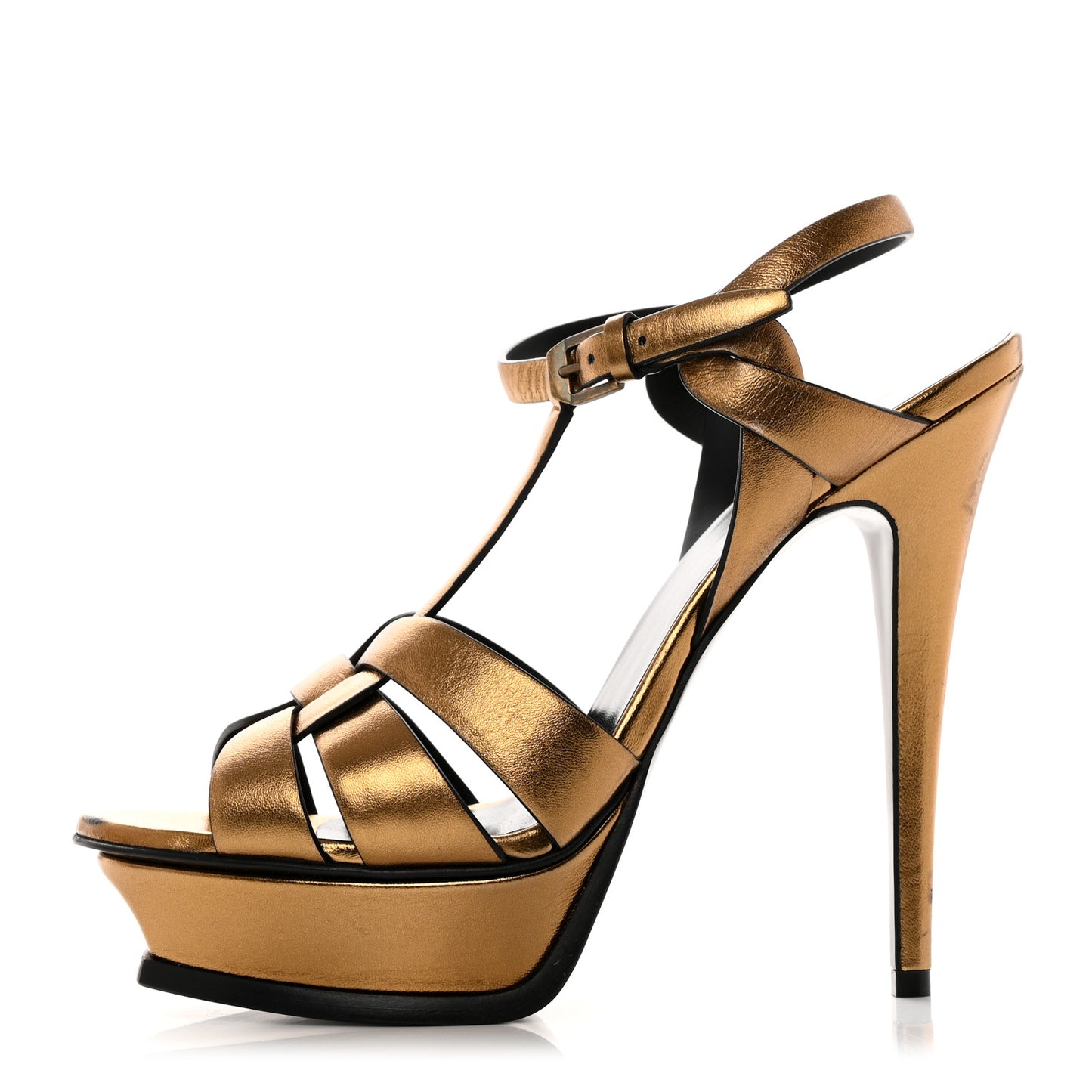 Metallic Crackled Calfskin Tribute 105 Platform Sandals 39.5 Black Gold