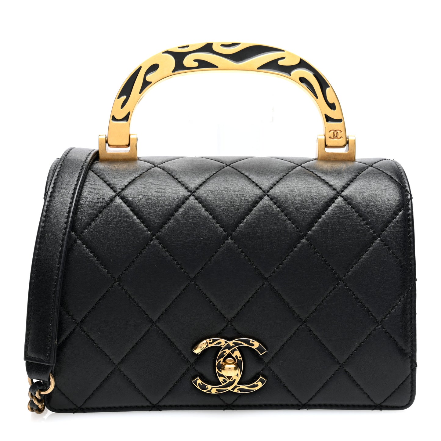 Metal Calfskin Quilted Top Handle Flap Black