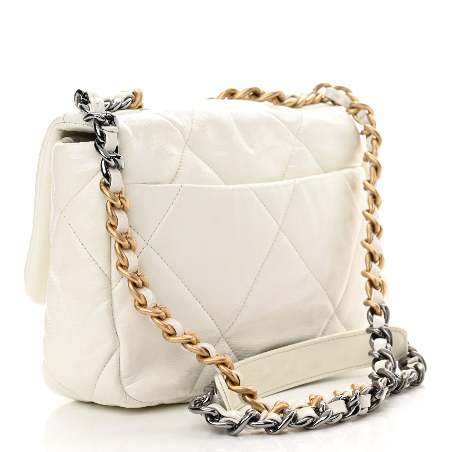 Shiny Crumpled Calfskin Quilted Medium Chanel 19 Flap White