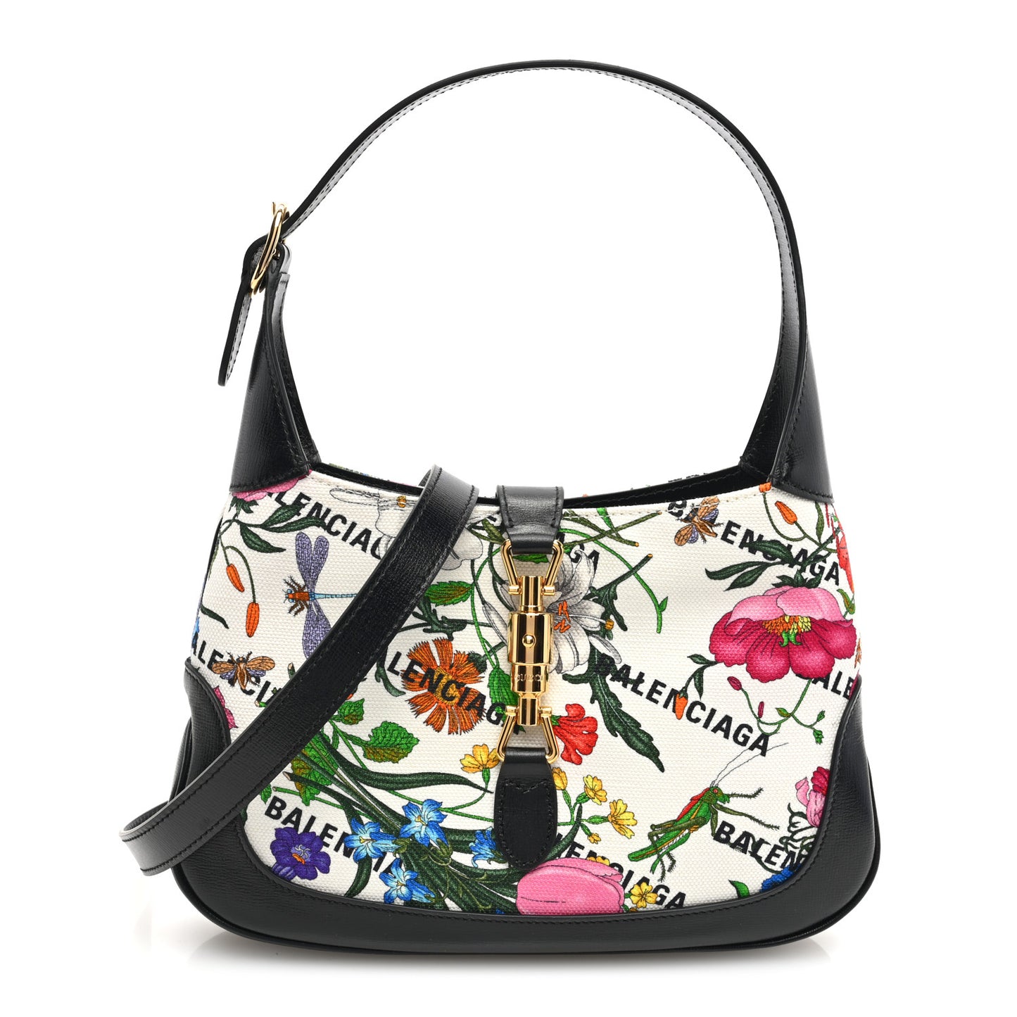 X BALENCIAGA Canvas Boarded Pluton Calfskin Flora Logo Print Small Jackie 1961 Hobo White Multicolor Black