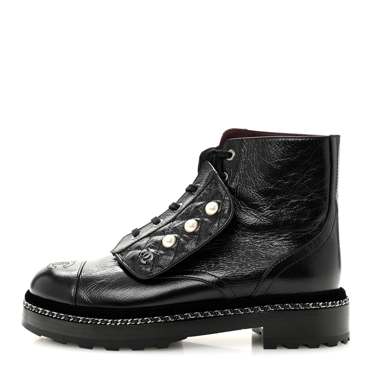 Chanel Crackled Calfskin Velvet Pearl Combat Short Boots 38.5