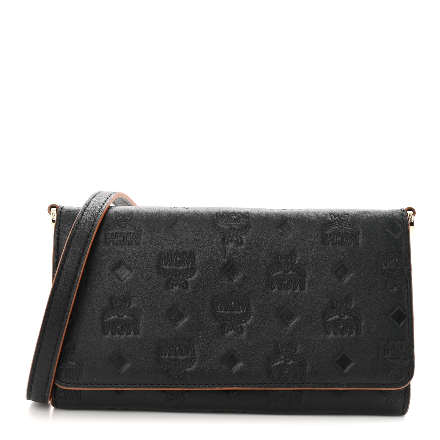 Calfskin Ottomar Klara Tri Fold Phone Wallet On Strap Black