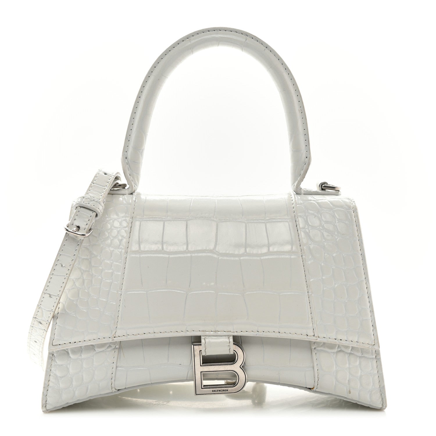 Balenciaga Shiny Calfskin Crocodile Embossed Small Hourglass Top Handle Bag White 1 of 13