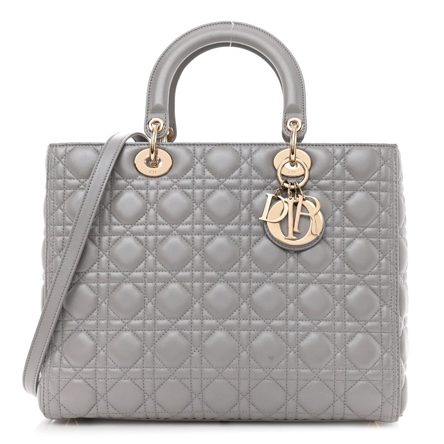 Metallic Lambskin Cannage Large Lady Dior Light Grey