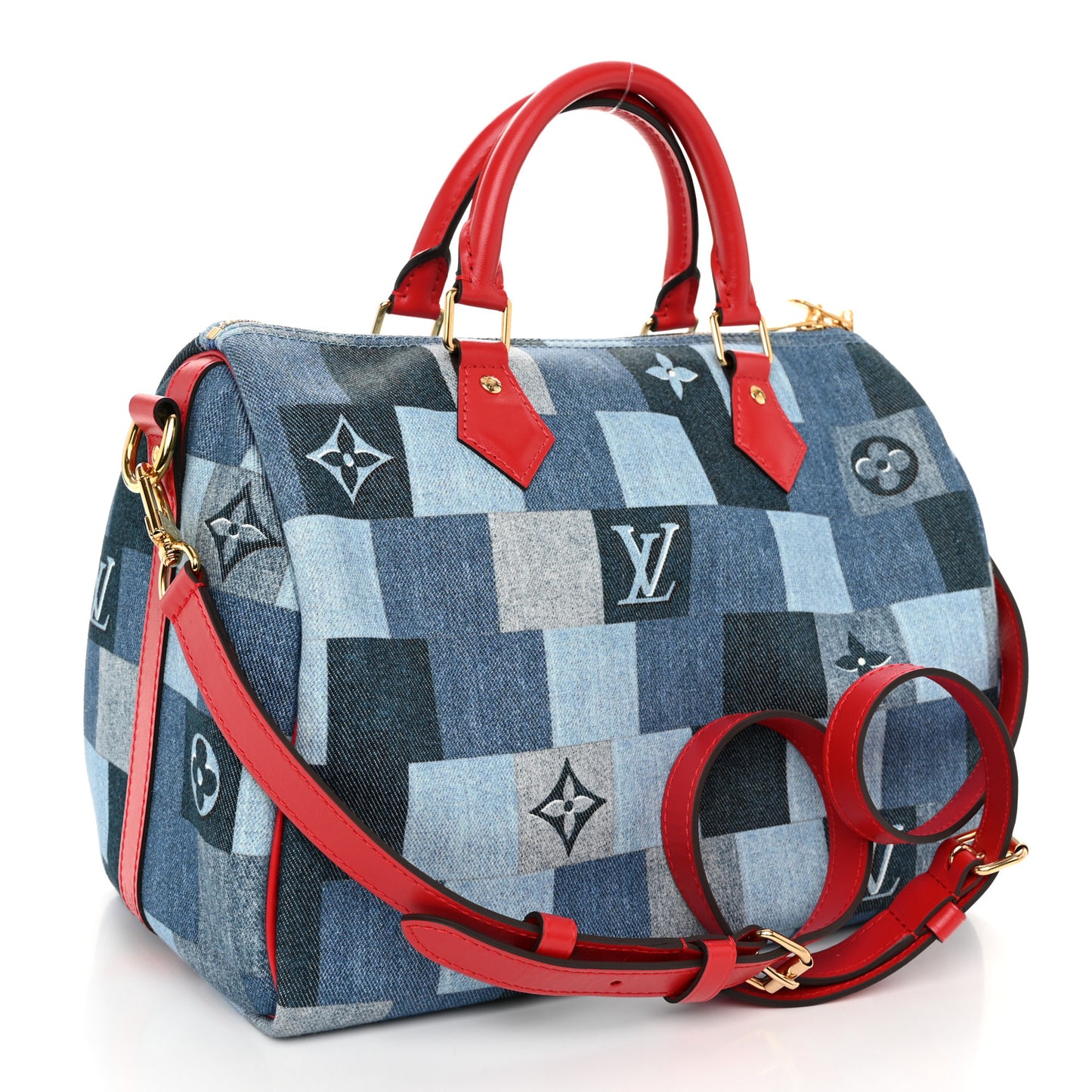 Denim Damier Monogram Patchwork Speedy Bandouliere 30 Blue Rouge