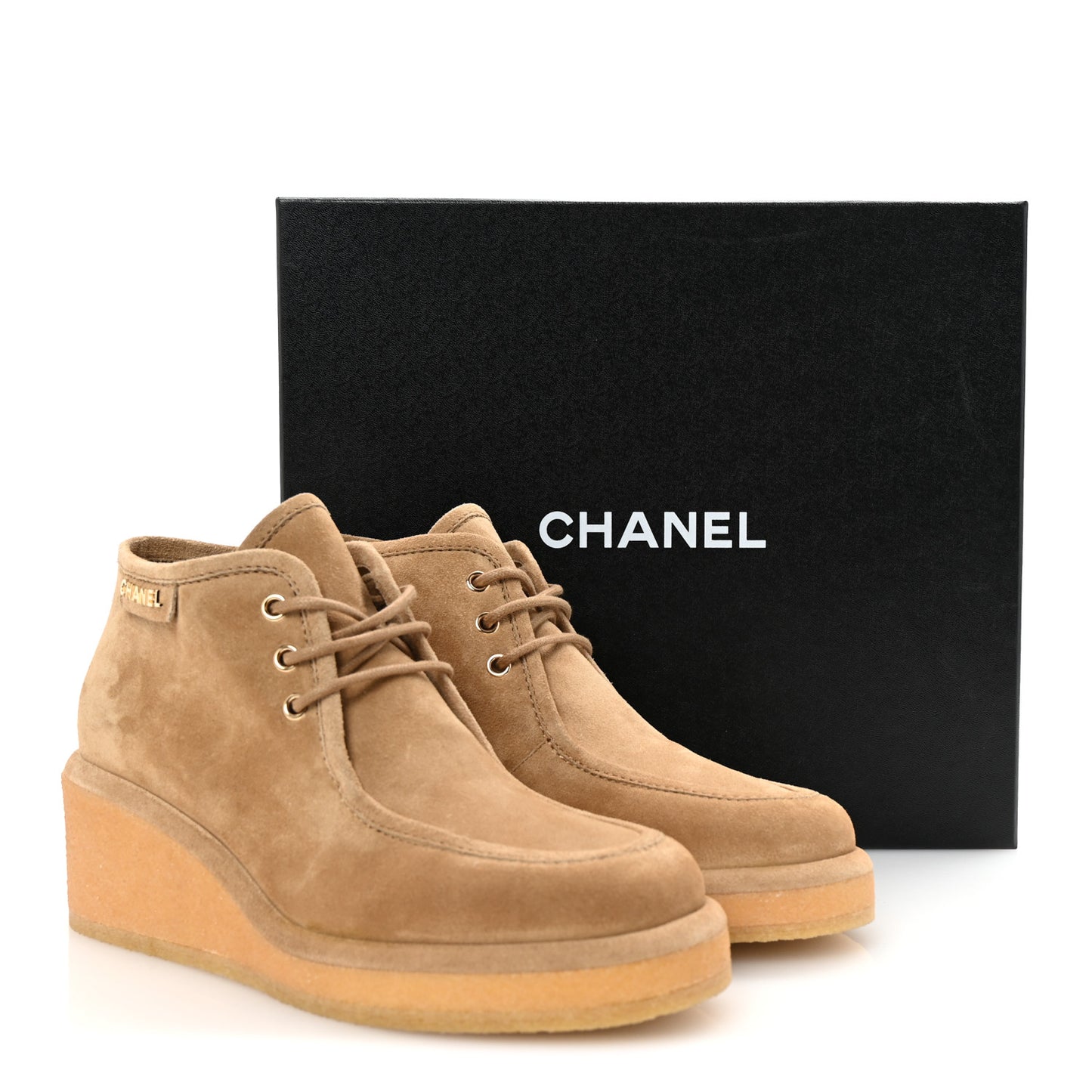 Suede Calfskin Lace Up Wedge Booties 40.5 Beige