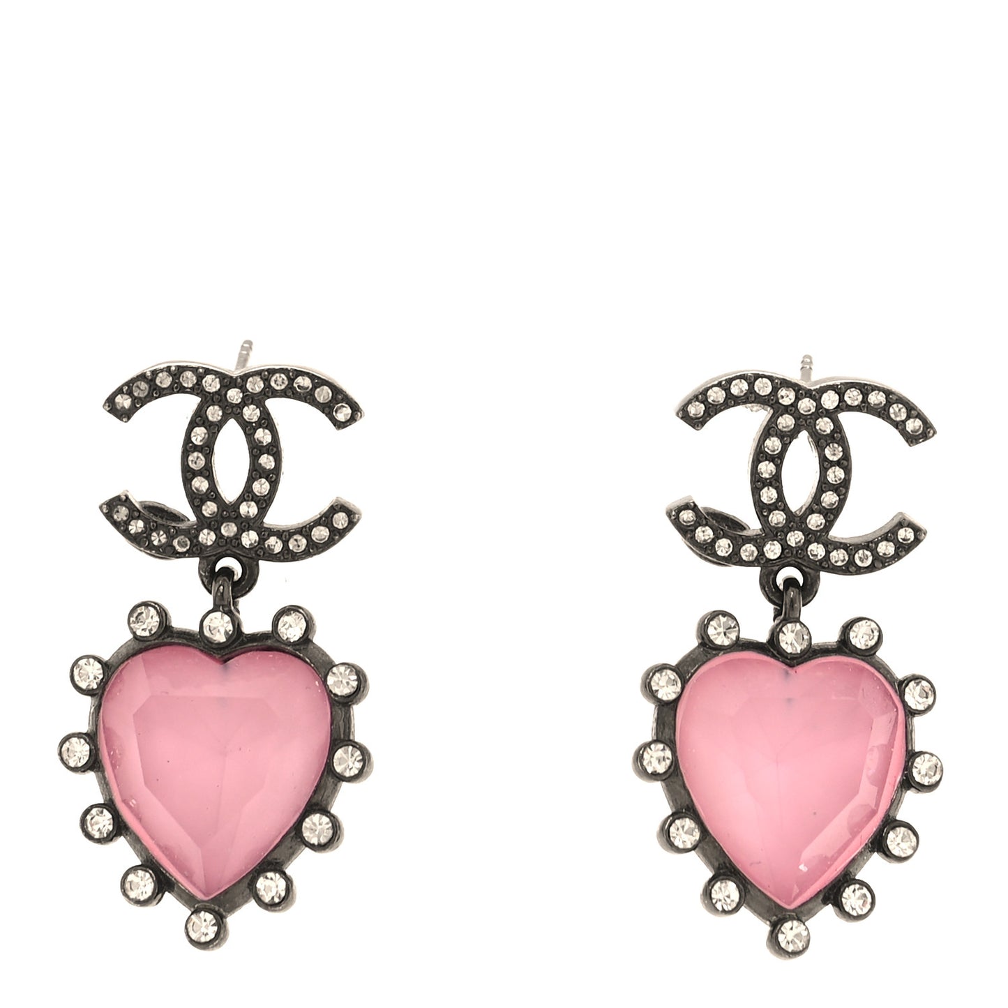 Metal Crystal Heart CC Drop Earrings Pink Silver