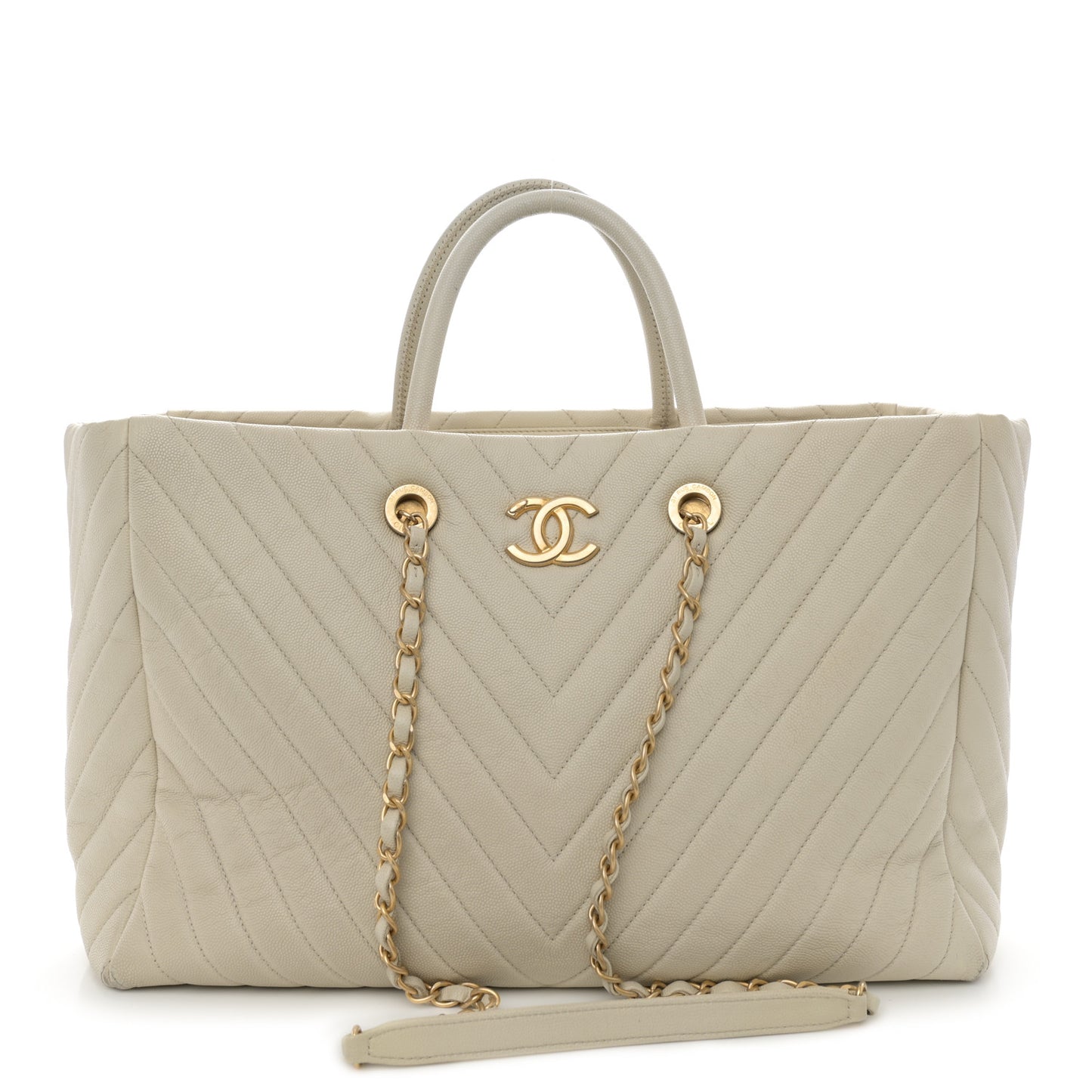 Caviar Chevron Quilted Coco Handle Shopping Tote Ivory