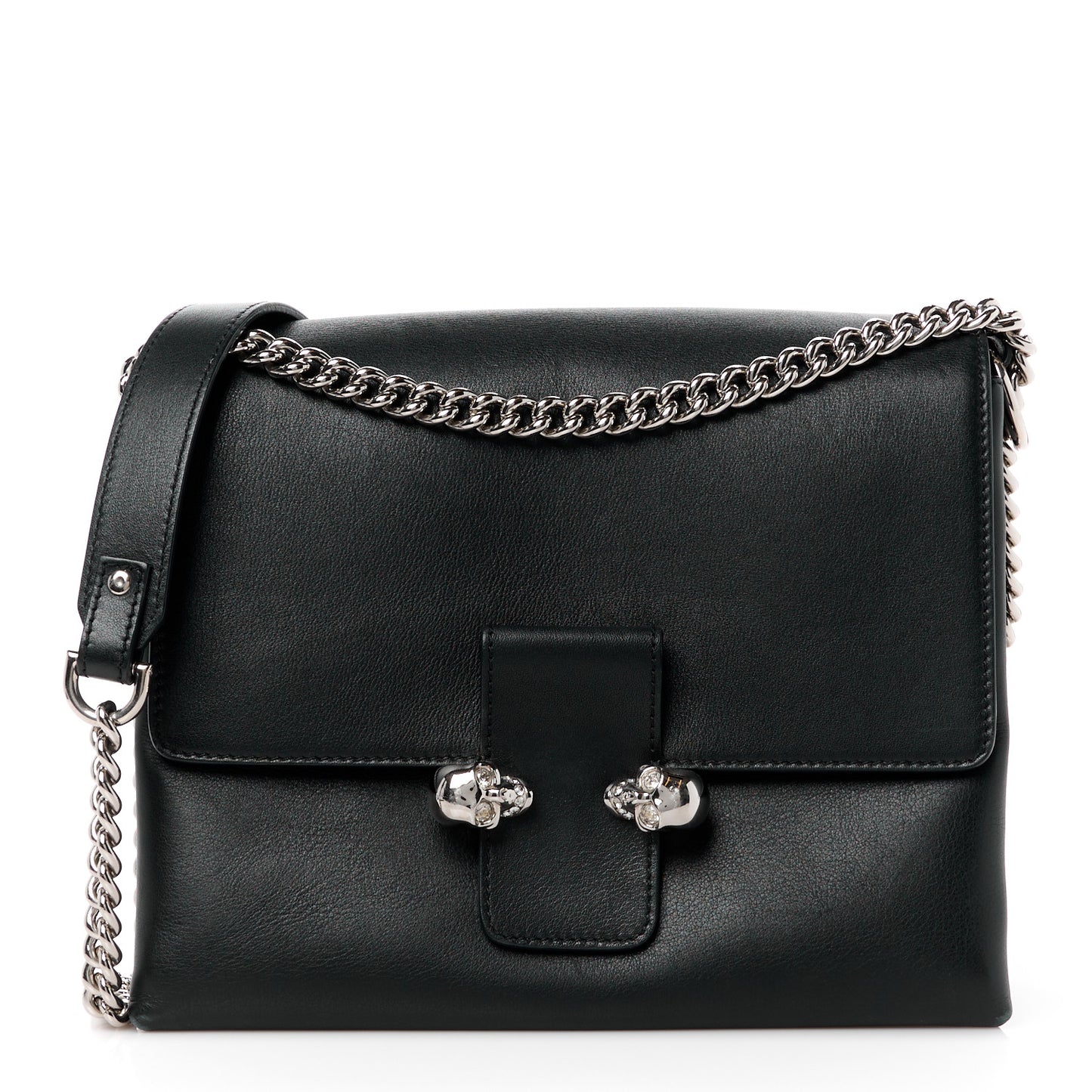 Calfskin Medium Twin Skull Chain Crossbody Black