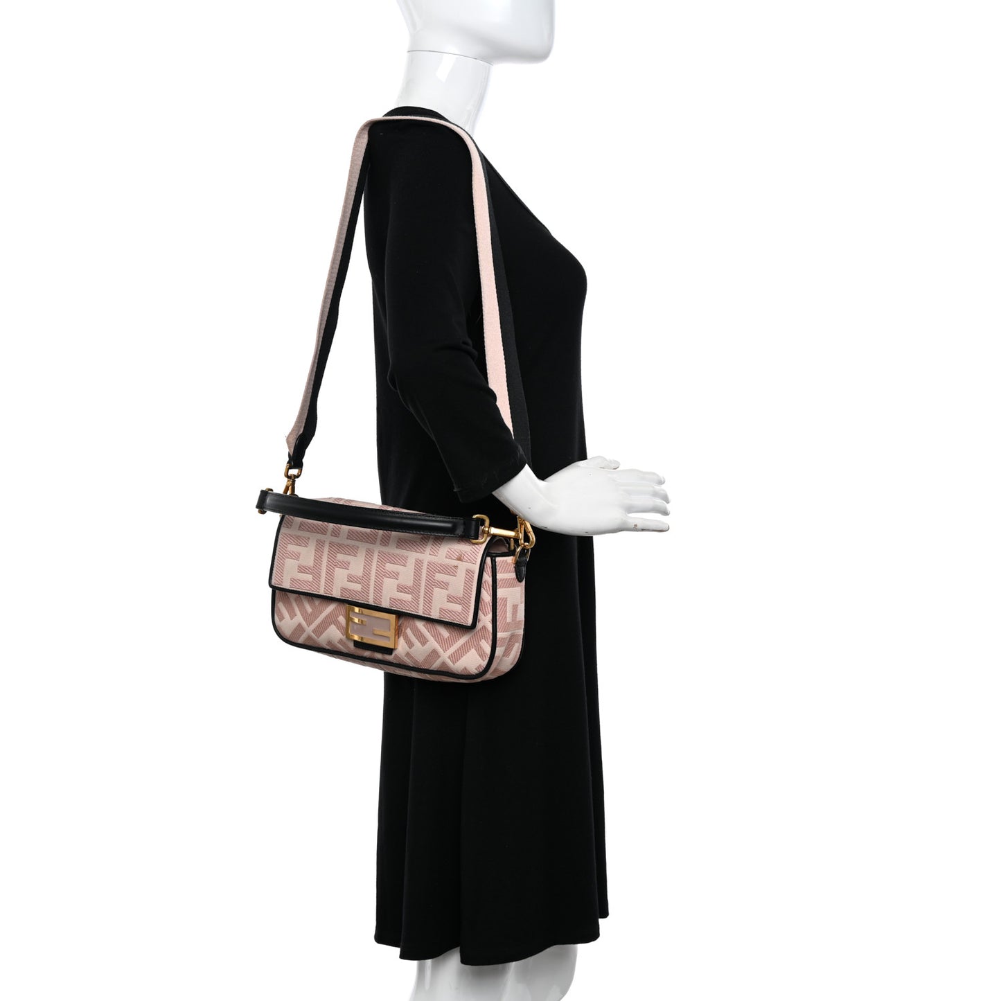 Canvas Vitello King FF Embroidered Baguette Rosa Quarzo Black