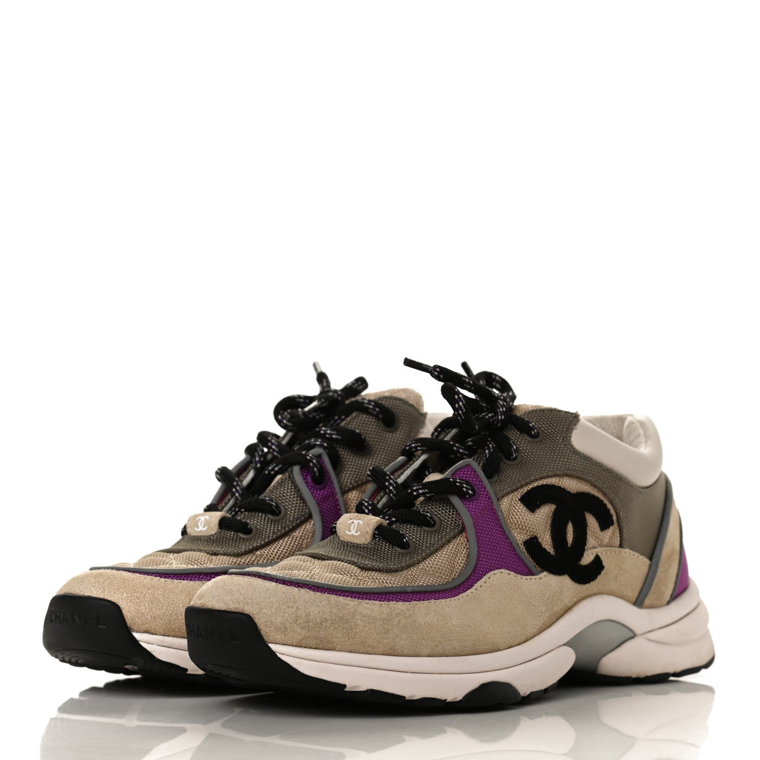 Chanel Mesh Suede Calfskin Grained Calfskin Womens CC Sneakers 39 Beige Dark Beige Purple 3 of 12