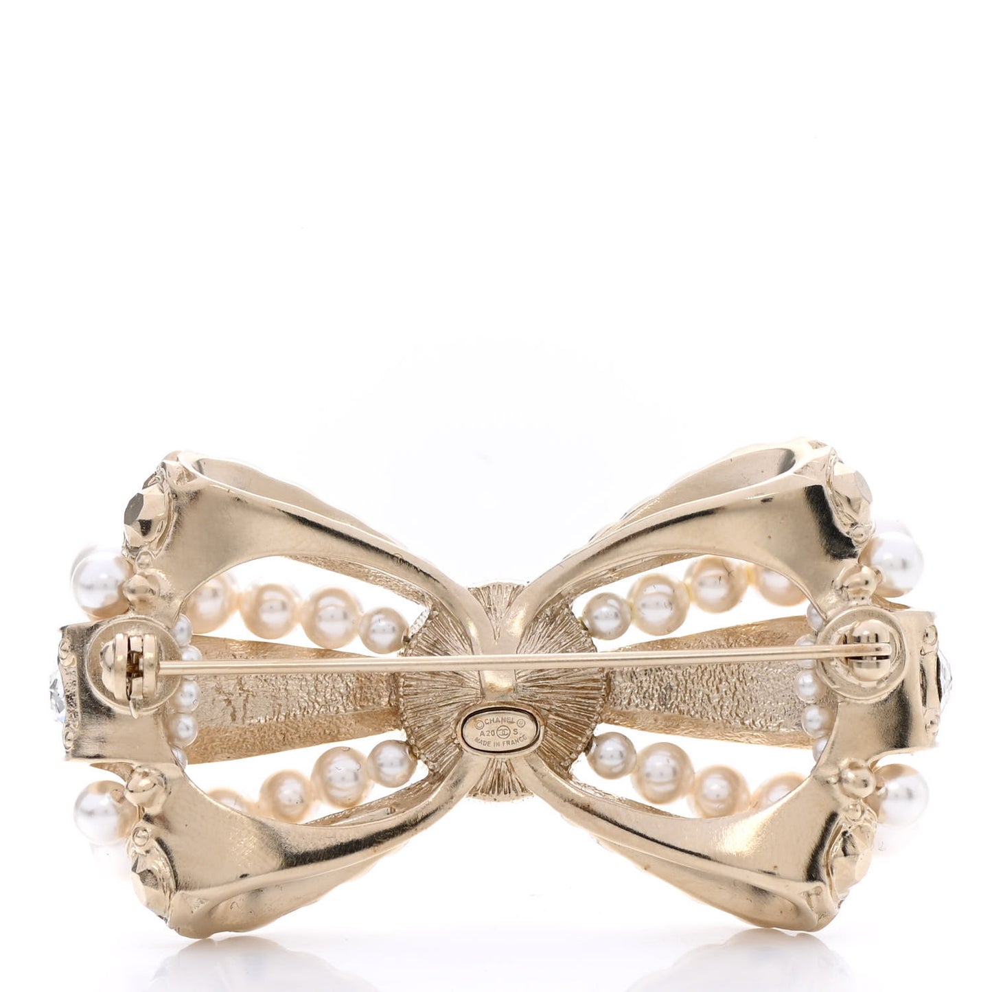 Metal Crystal Pearl CC Bow Brooch Gold