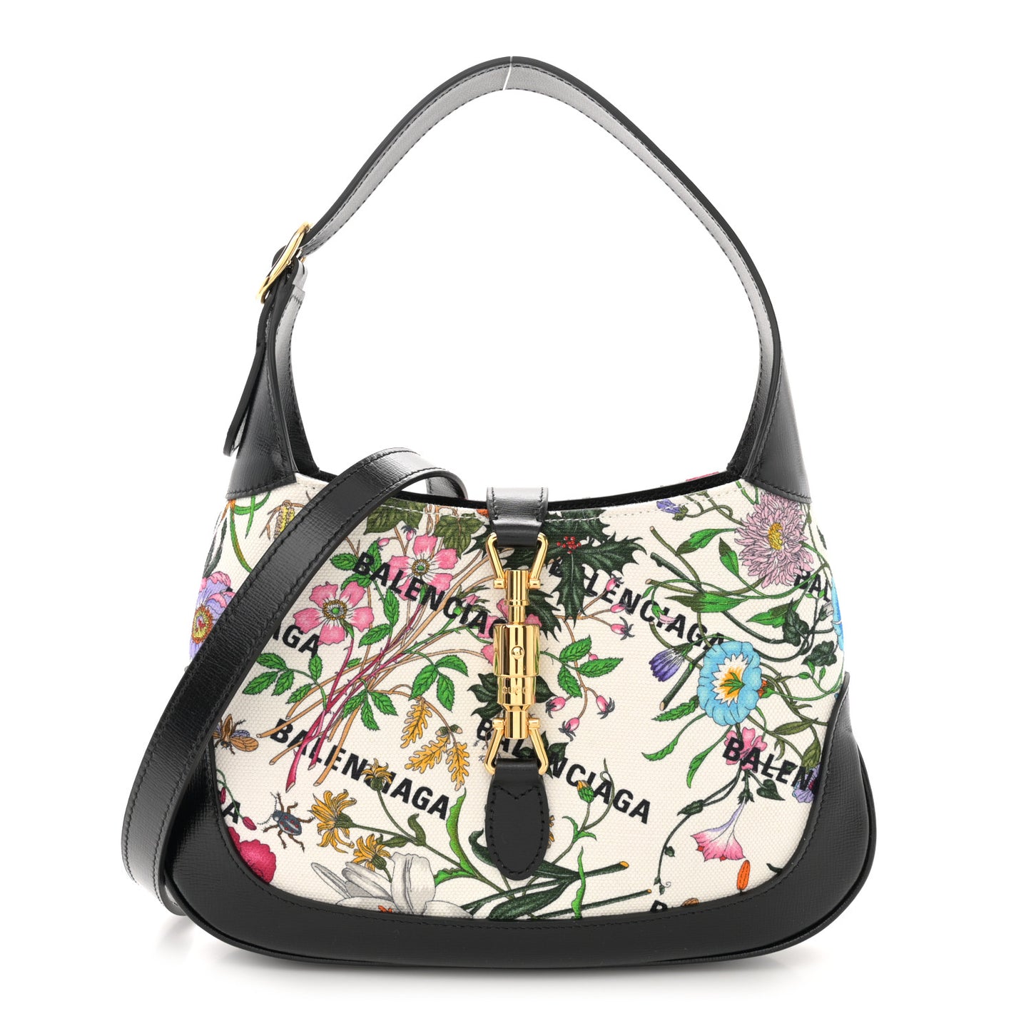 X BALENCIAGA Canvas Azalea Calfskin Flora Logo Print Neo Classic Small Jackie 1961 Hobo White Multicolor Black