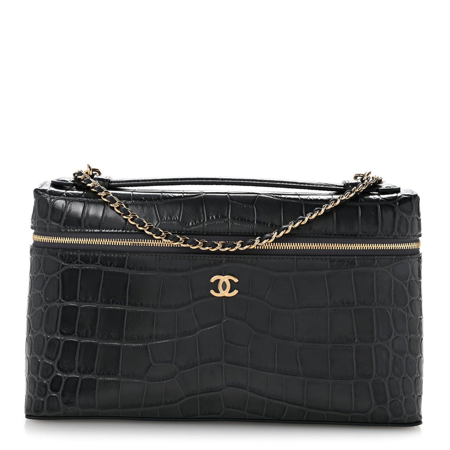 Chanel Calfskin Crocodile Embossed Top Handle Vanity Case With