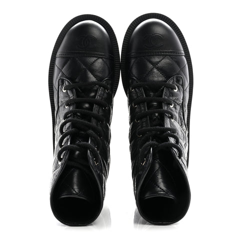 Crumpled Lambskin Quilted Platform Lace Up Combat Boots 39 Black