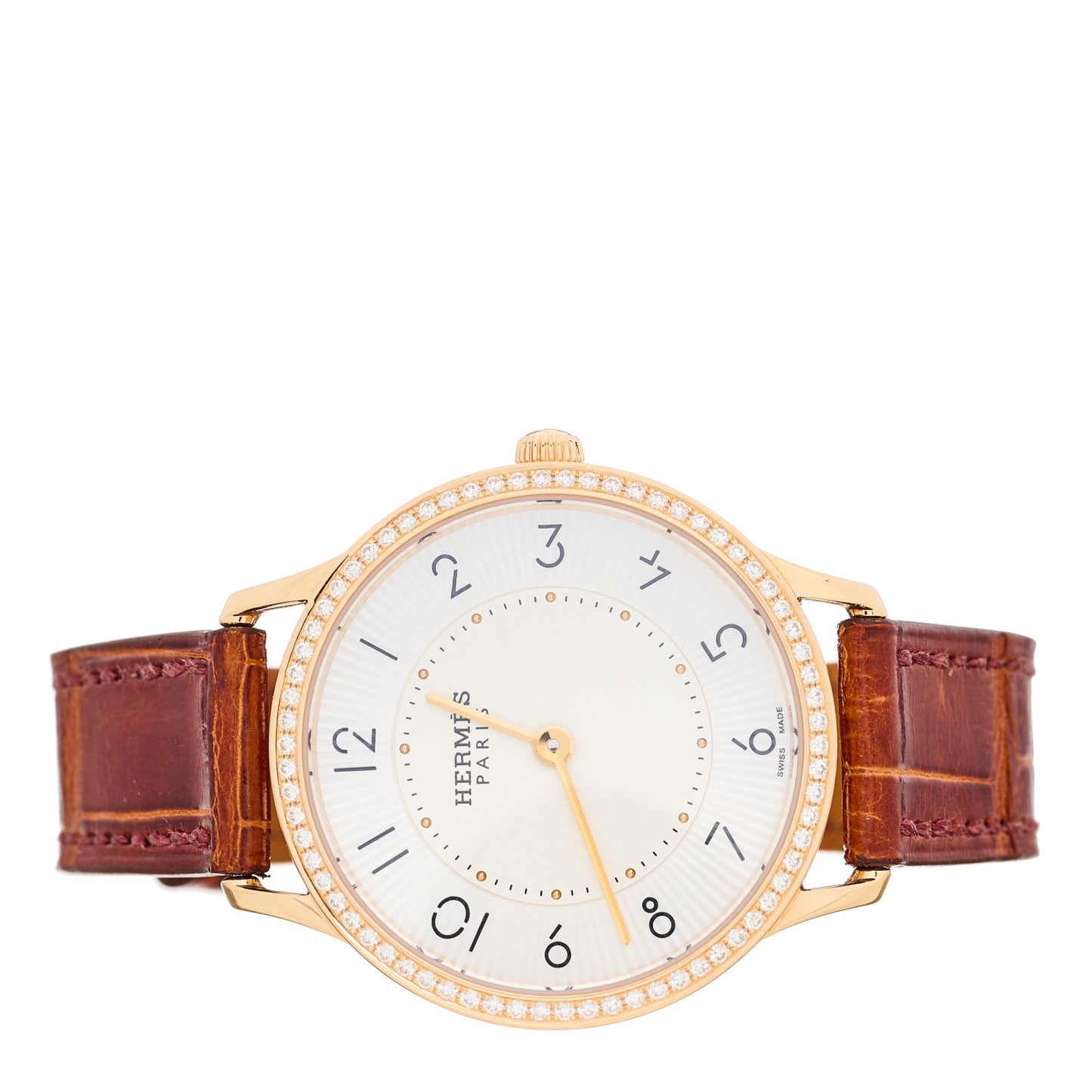 18K Rose Gold Alligator Diamond Mother of Pearl 32mm Slim d'Hermes Quartz Watch