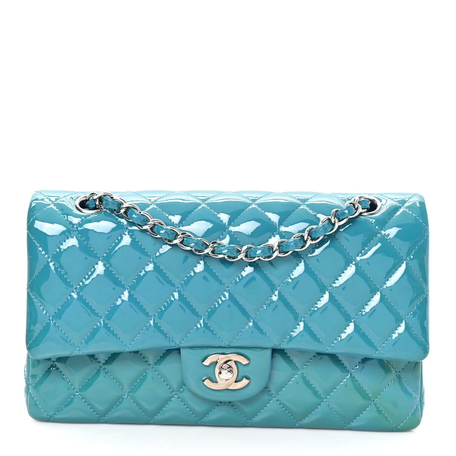 CHANEL シャネル　キルティングバッグ　ターコイズブルー Chanel Metallic Lambskin Quilted Medium Double Flap Turquoise