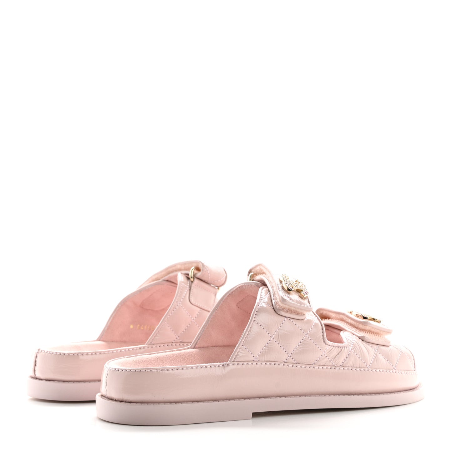 Shiny Calfskin Quilted Velcro Dad Crystal CC Slide Sandals 37 Light Pink
