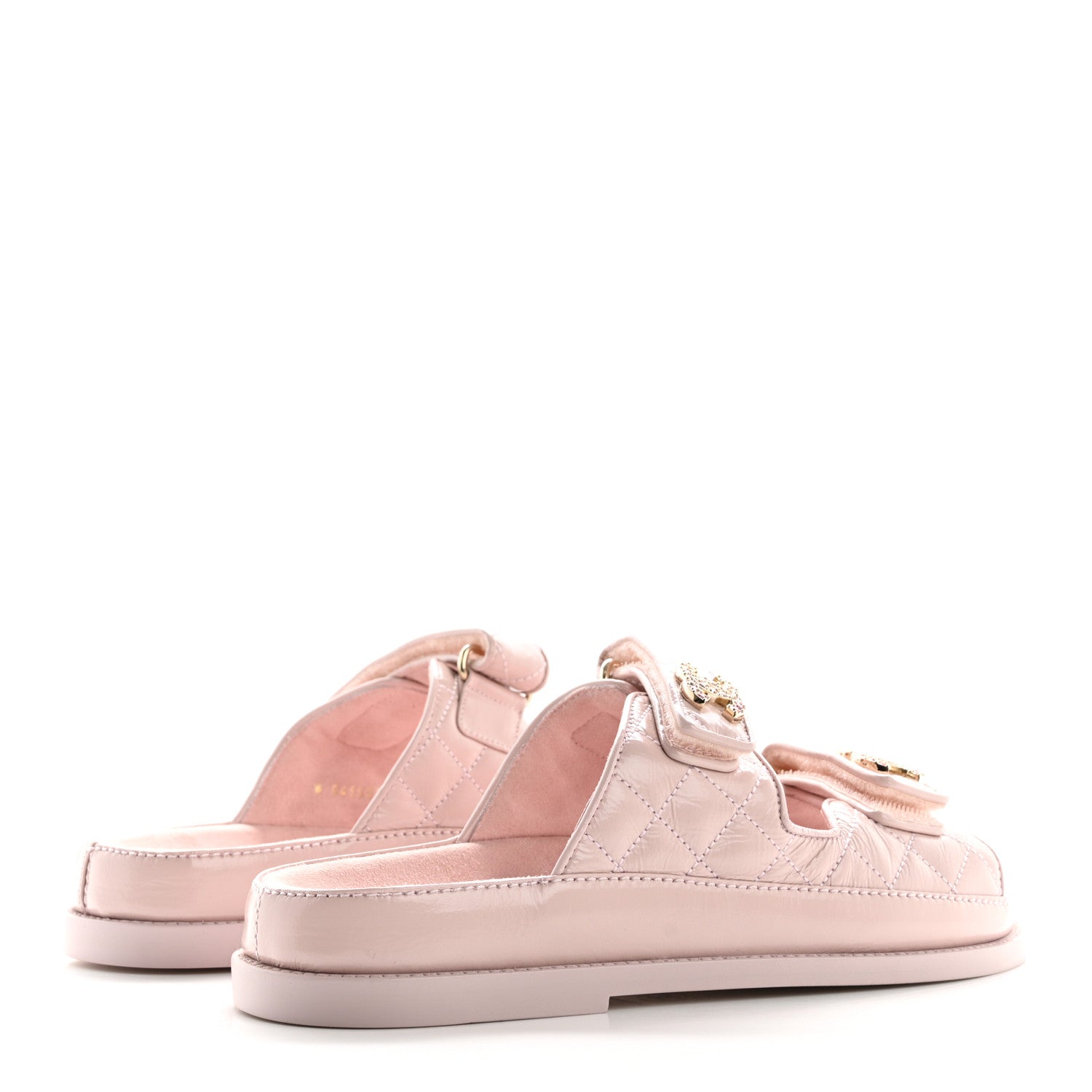 Chanel Shiny Calfskin Quilted Velcro Dad Crystal CC Slide Sandals 37 Light Pink 5 of 10
