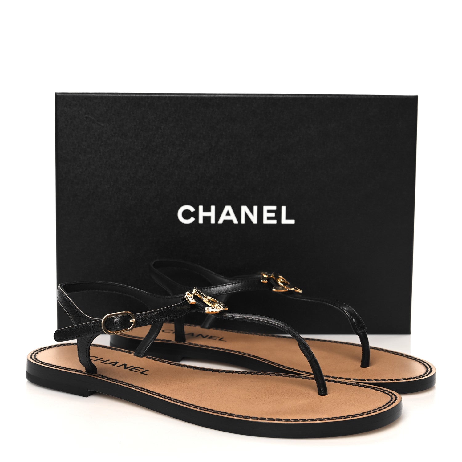 Chanel Lambskin CC Thong Sandals 38 Black Gold 9 of 9