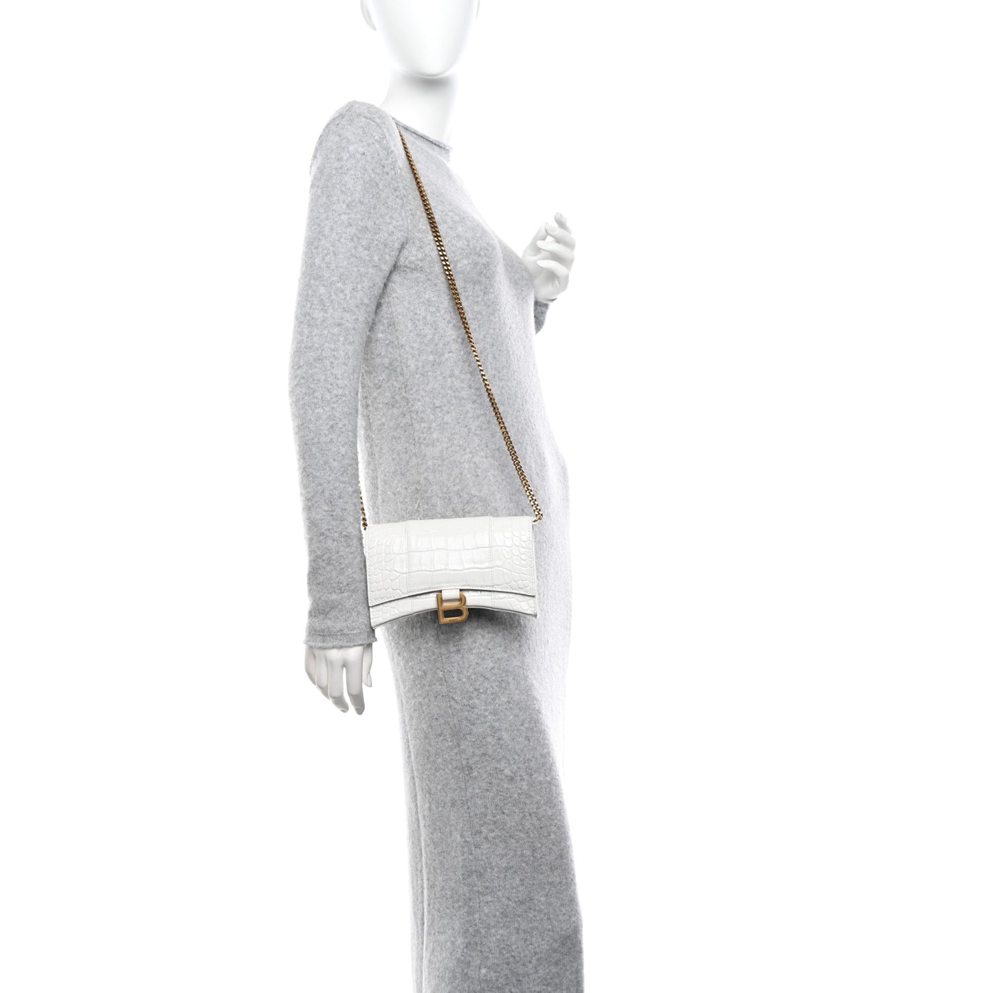 Shiny Calfskin Crocodile Embossed Hourglass Chain Bag White