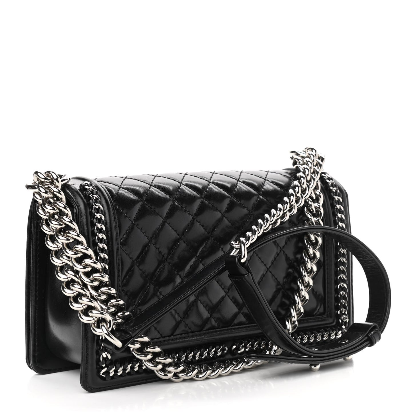 Glazed Calfskin Quilted Medium Chain Around Boy Flap Black