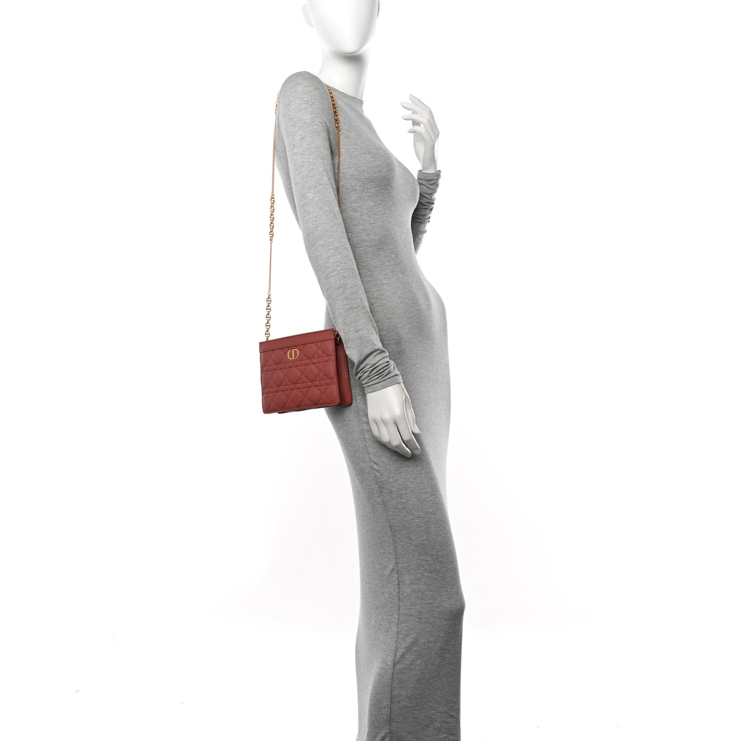 Calfskin Cannage Caro Zipped Pouch With Chain Rust