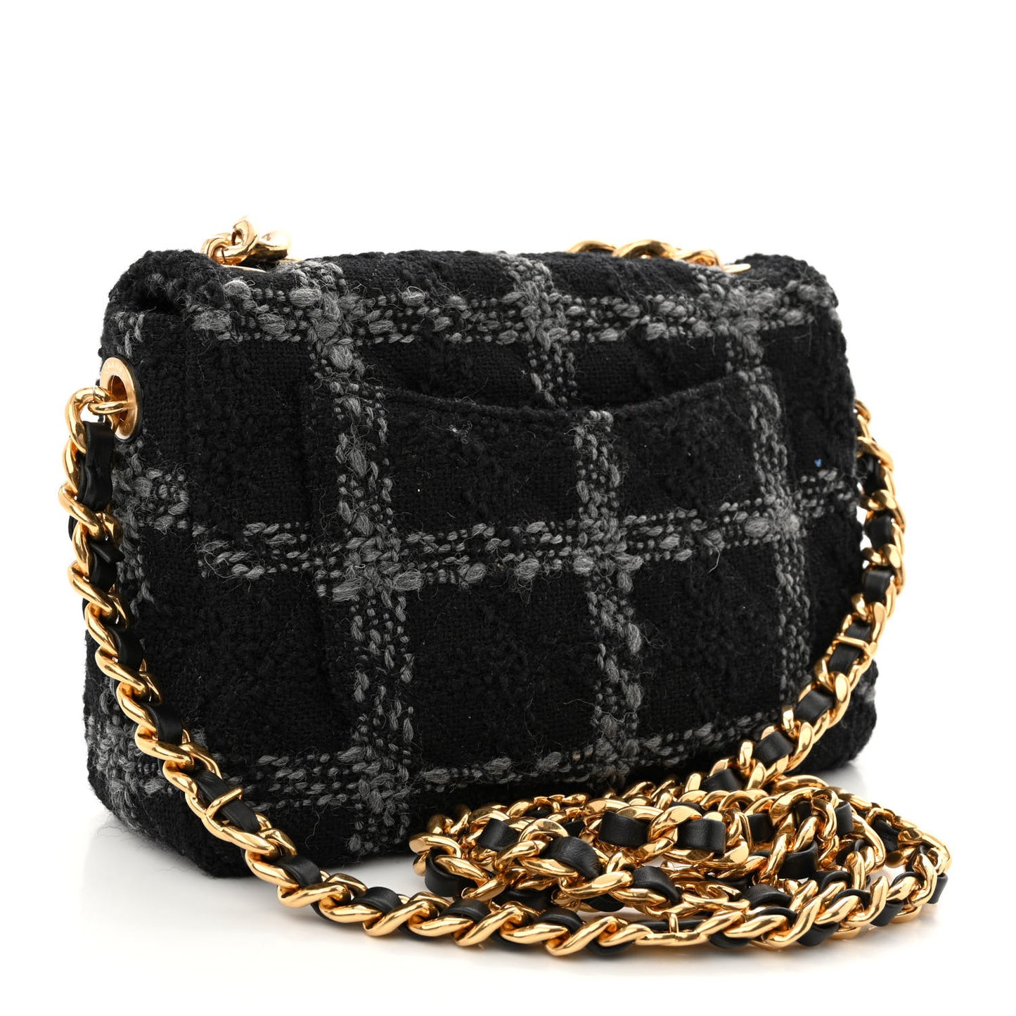 Wool Tweed Quilted Small Elegant Chain Flap Black Grey