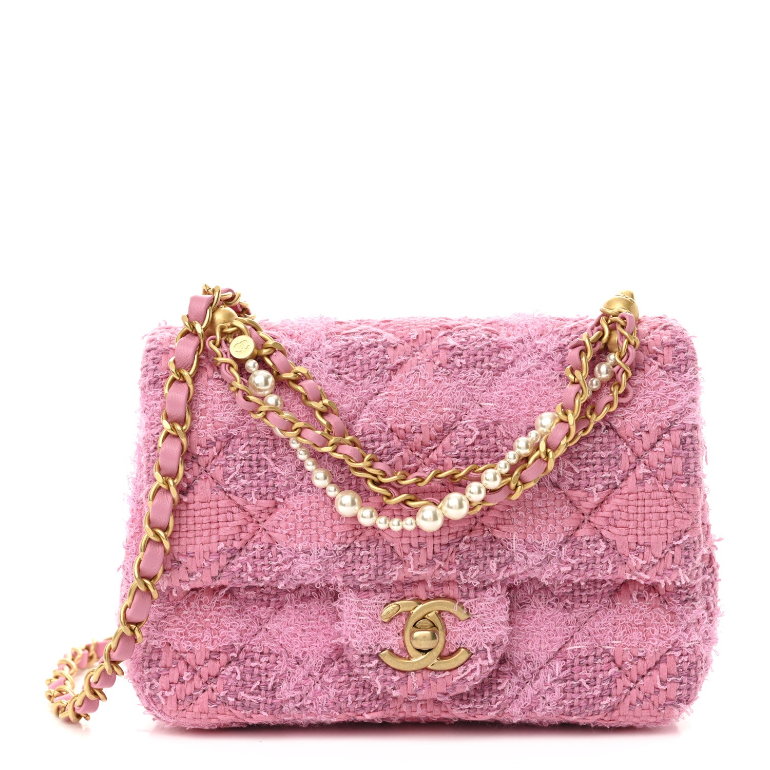 Chanel Tweed Quilted Pearl Twist Mini Square Flap Pink Dark Pink