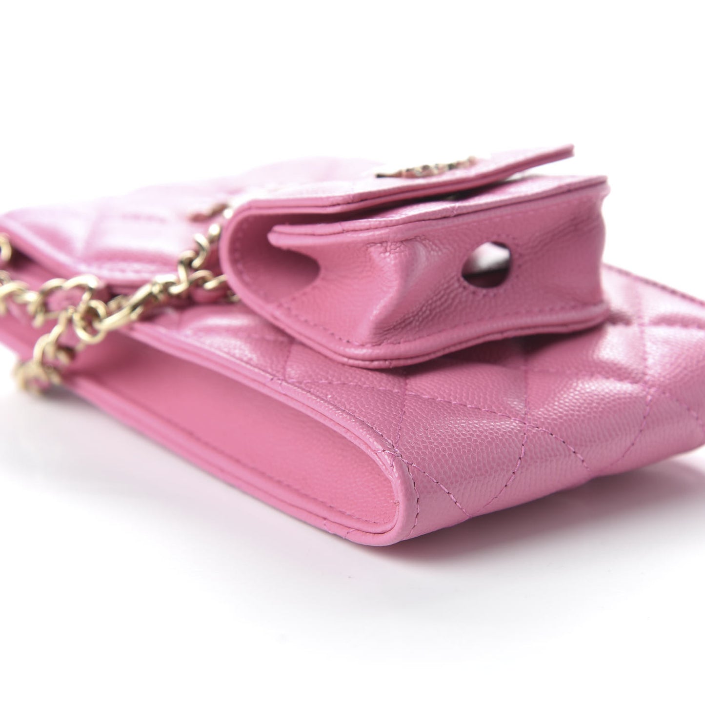 Caviar Quilted Crystal CC Airpods Pro and Phone Case With Chain Pink