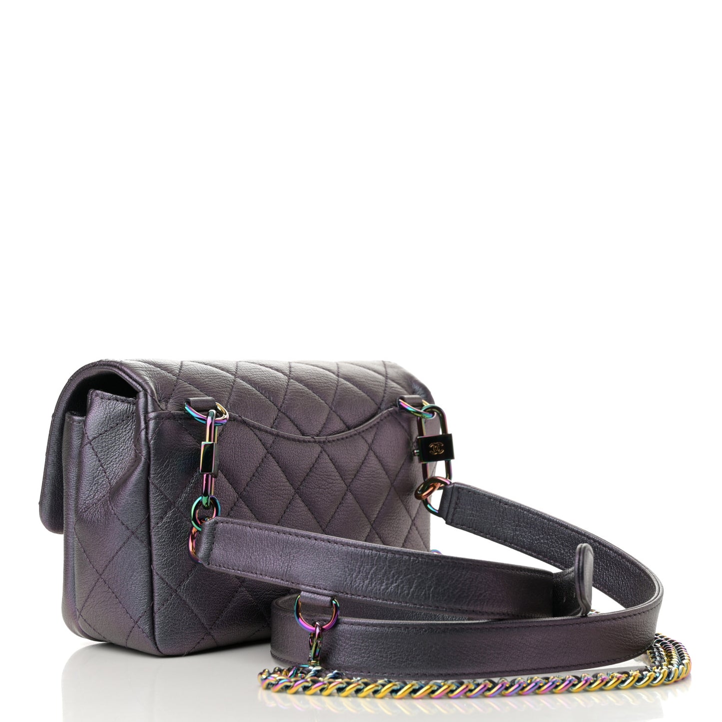 Iridescent Goatskin Quilted Small Double Carry Waist Chain Flap Purple