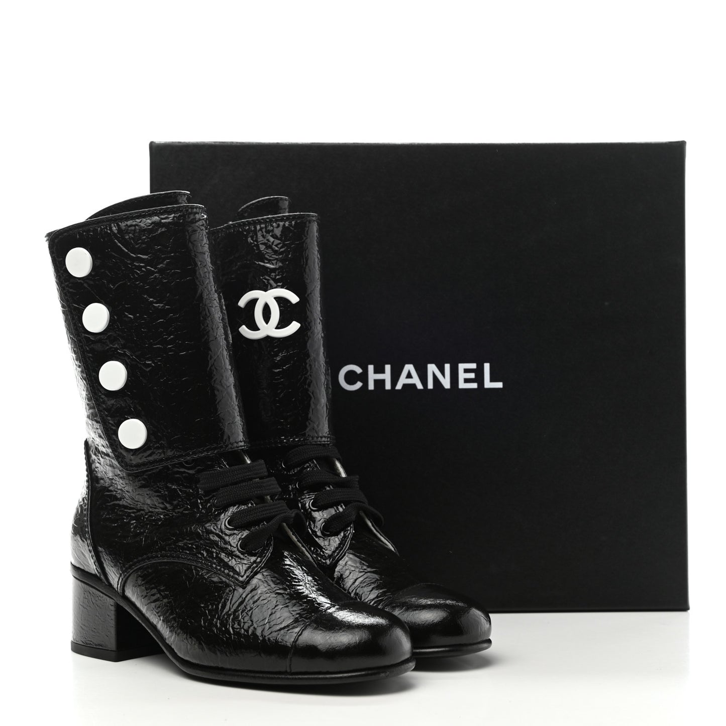 Patent Goatskin Cap Toe CC Lace Up Boots 35.5 Black