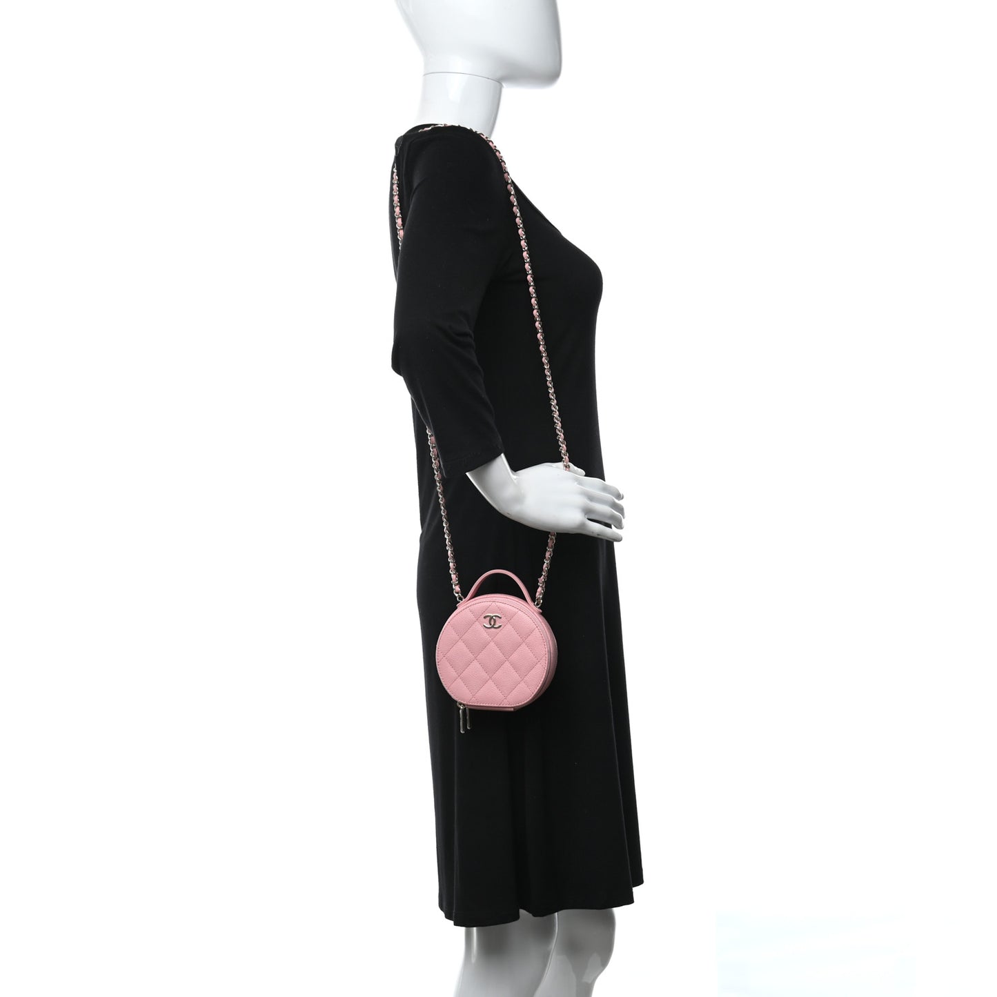 Caviar Quilted Round Handle With Care Vanity With Chain Pink