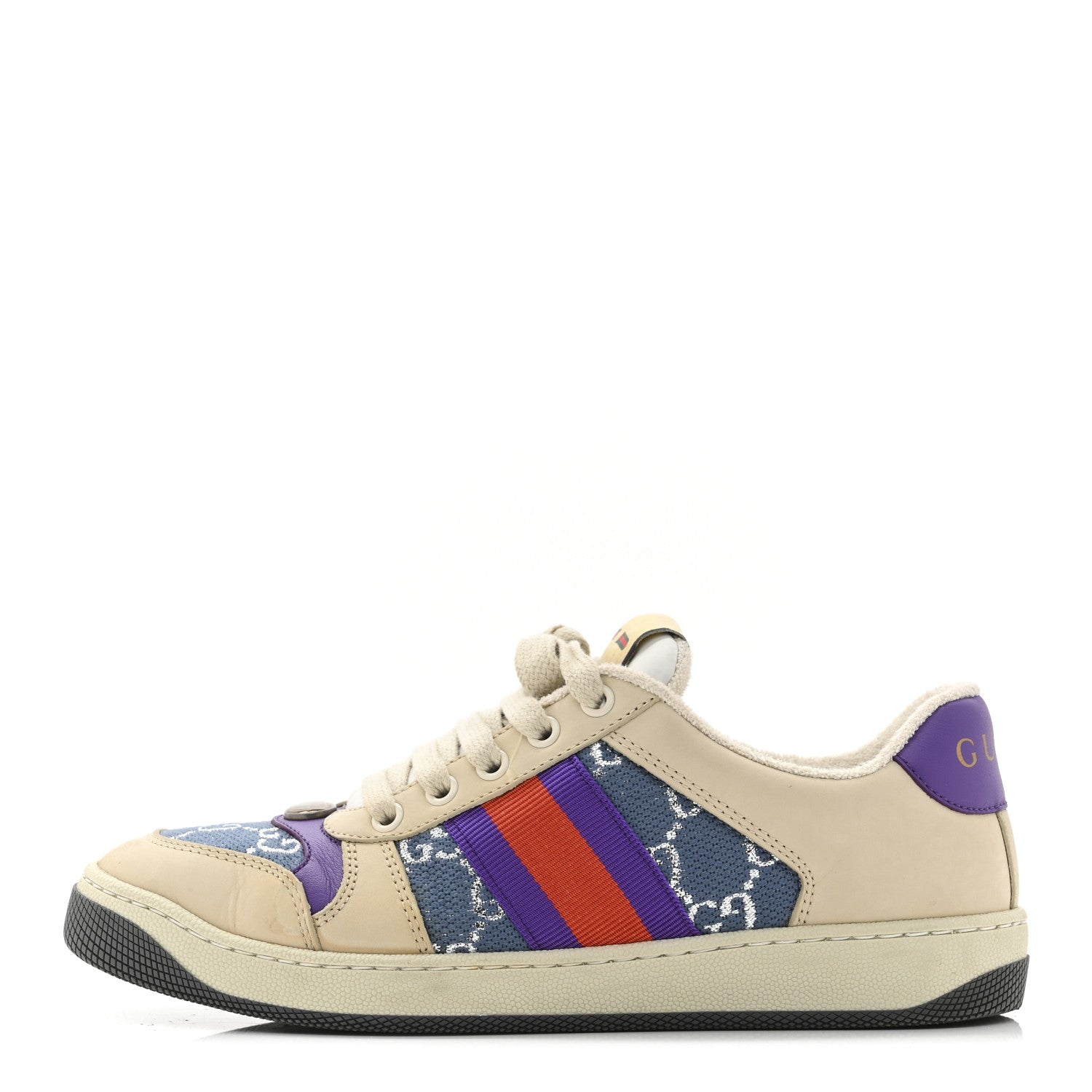 Gucci Calfskin Lame GG Monogram Web Womens Screener Sneakers 37.5