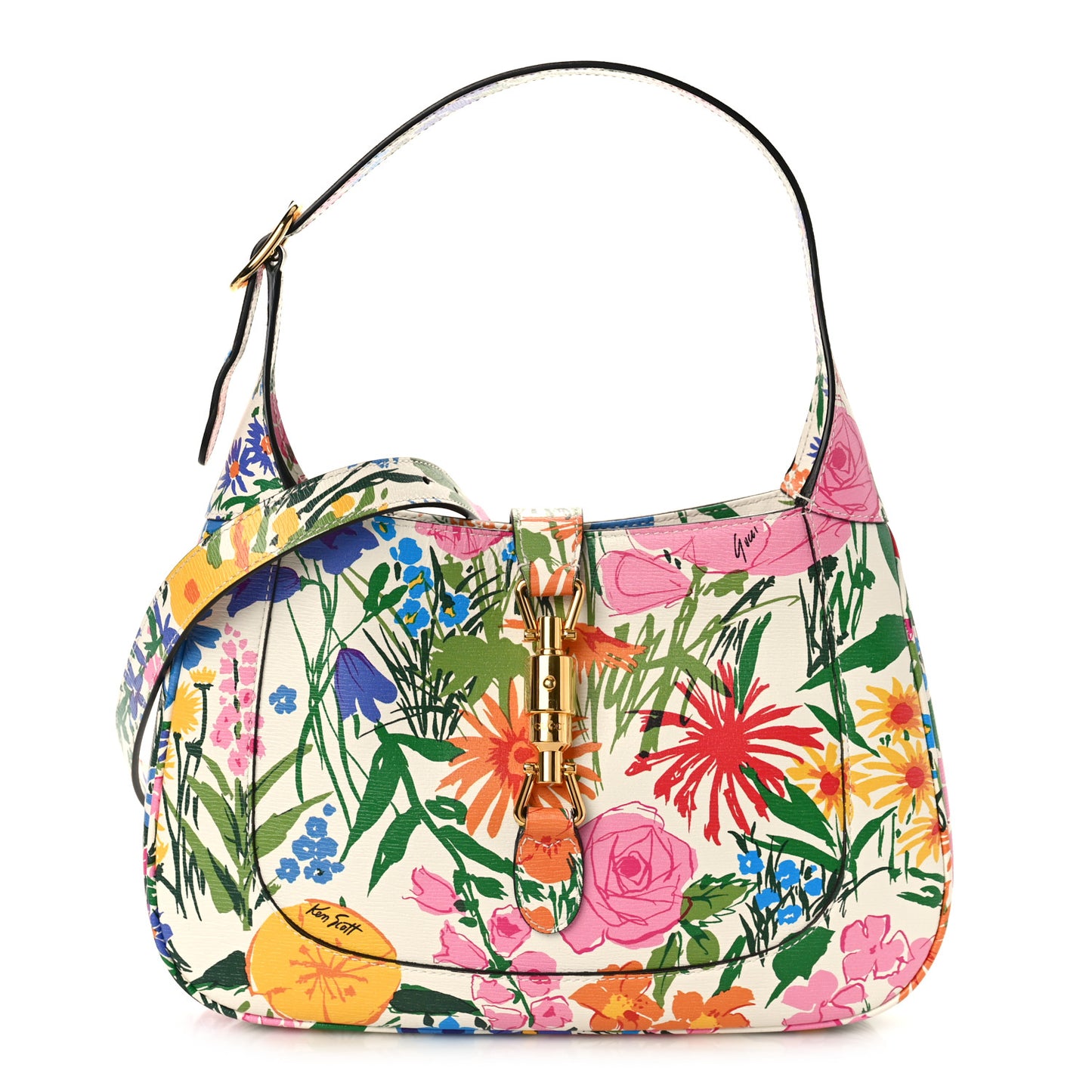 X KEN SCOTT New Shangai Calfskin Jardin D'Avril Floral Print Small Jackie 1961 Hobo Ivory Pink
