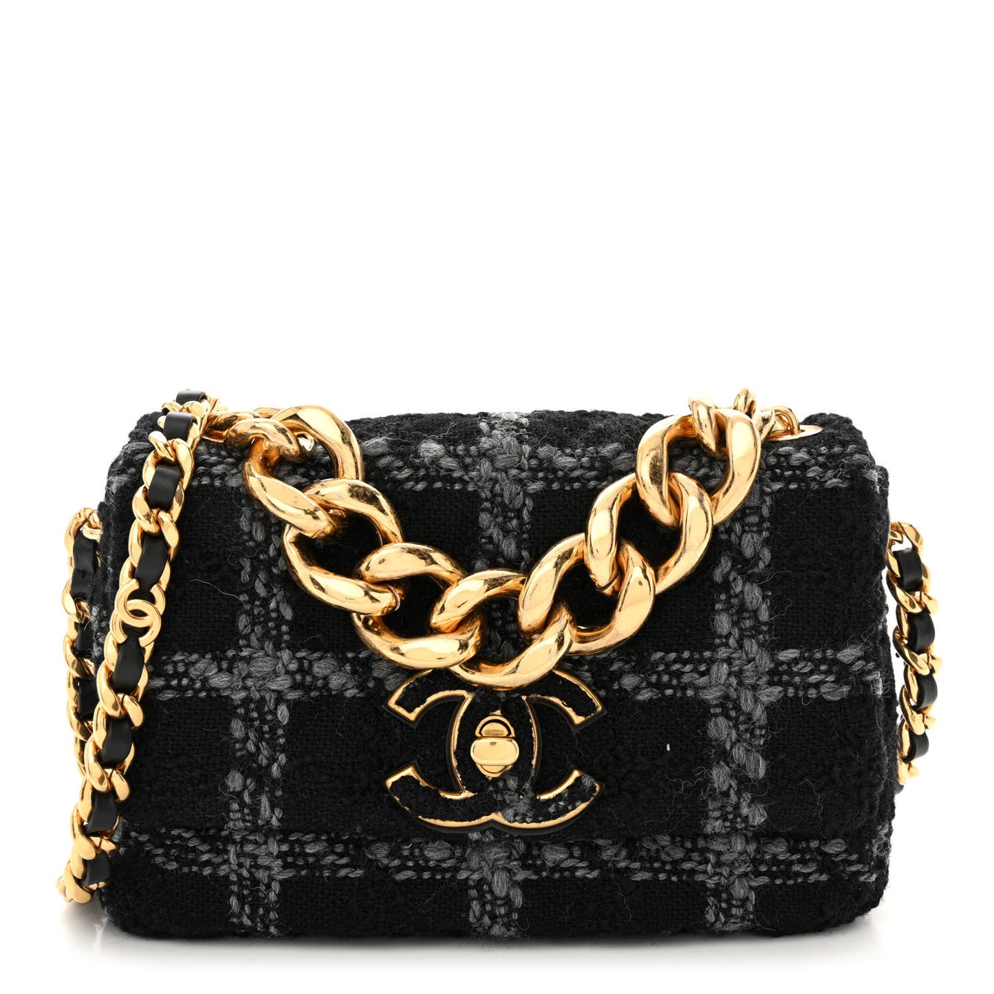 Wool Tweed Quilted Small Elegant Chain Flap Black Grey
