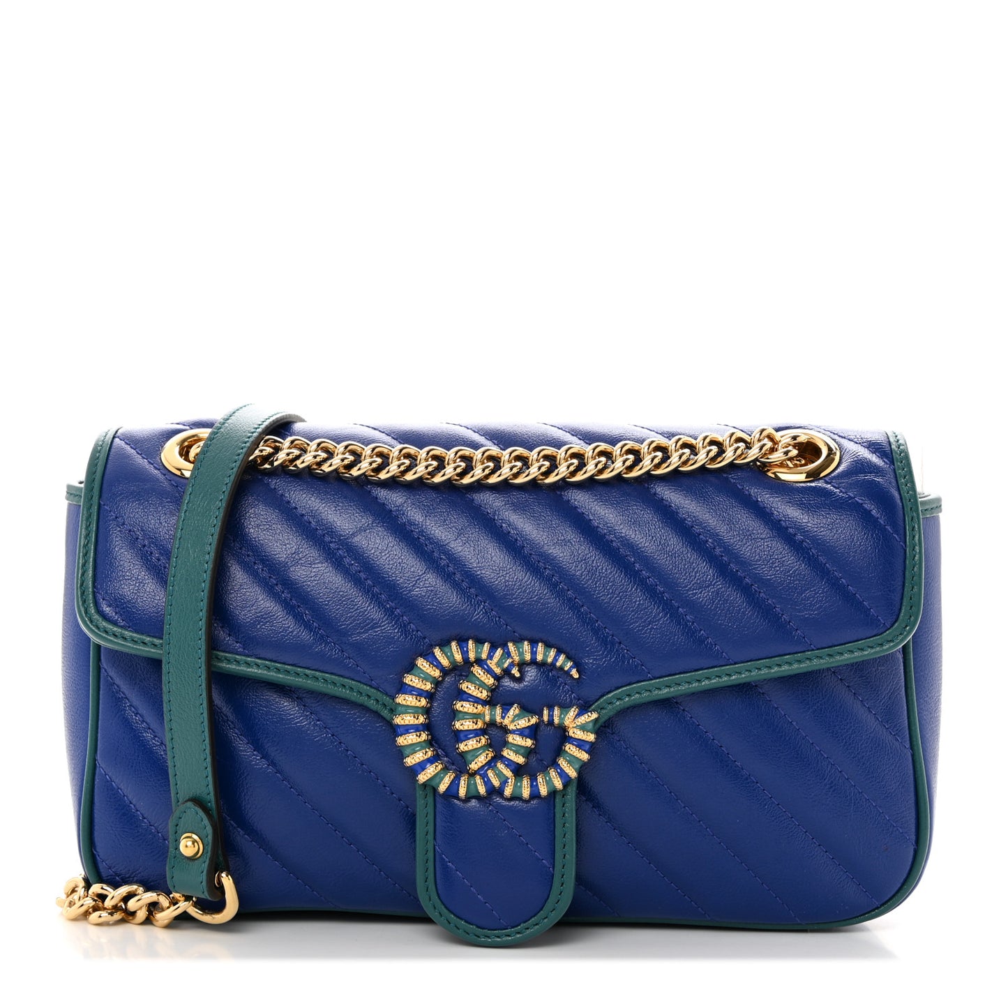 Azalea Calfskin Enamel Matelasse Diagonal Small Torchon GG Marmont Shoulder Bag Imperial Blue Pavone