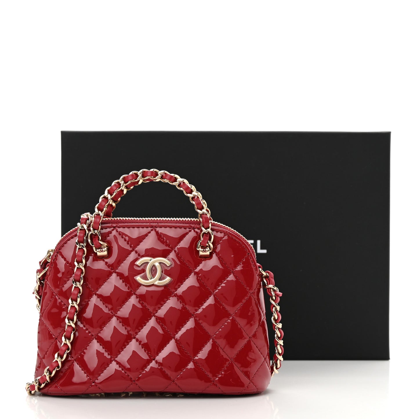 Patent Calfskin Quilted Shiny Coco Clutch With Chain Red