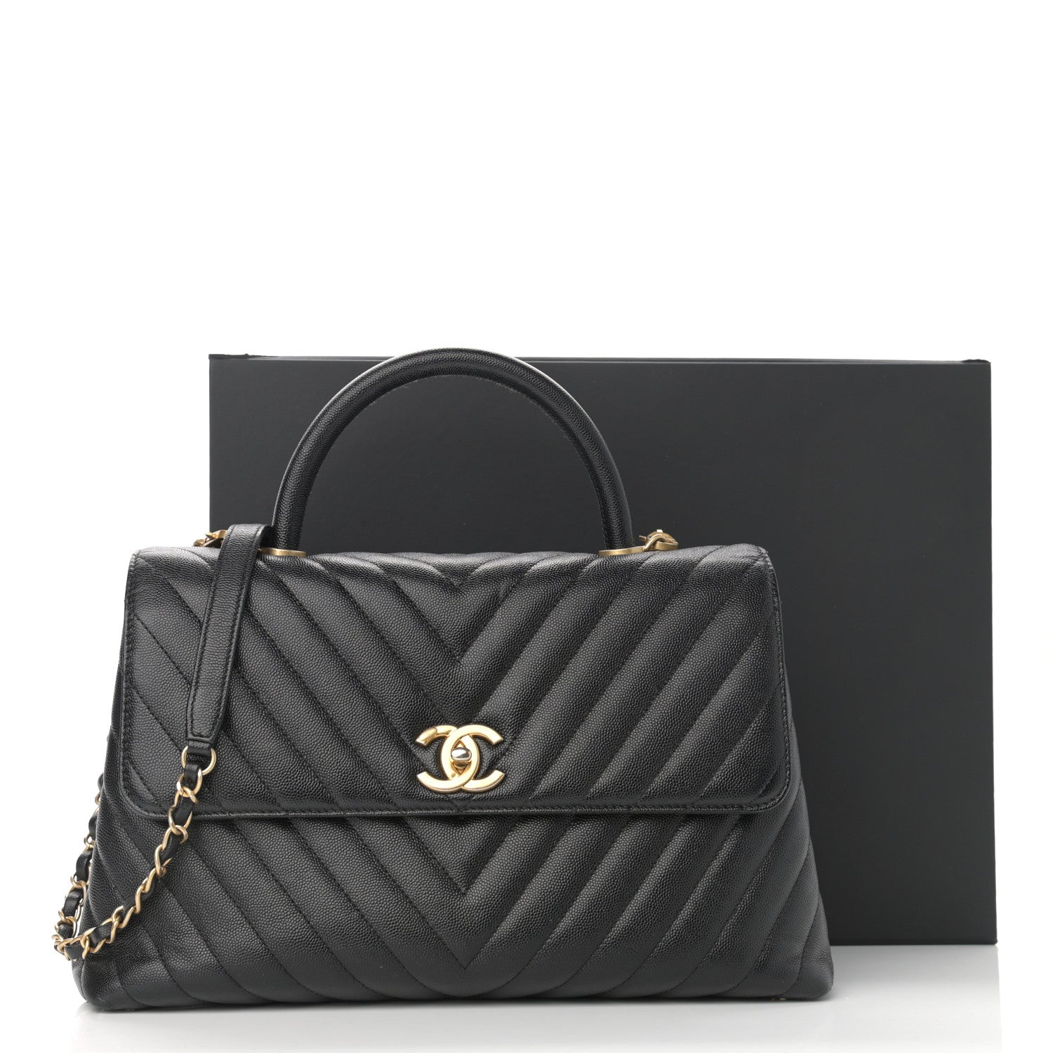 Chanel Caviar Chevron Quilted Medium Coco Handle Flap Black 11 of 11