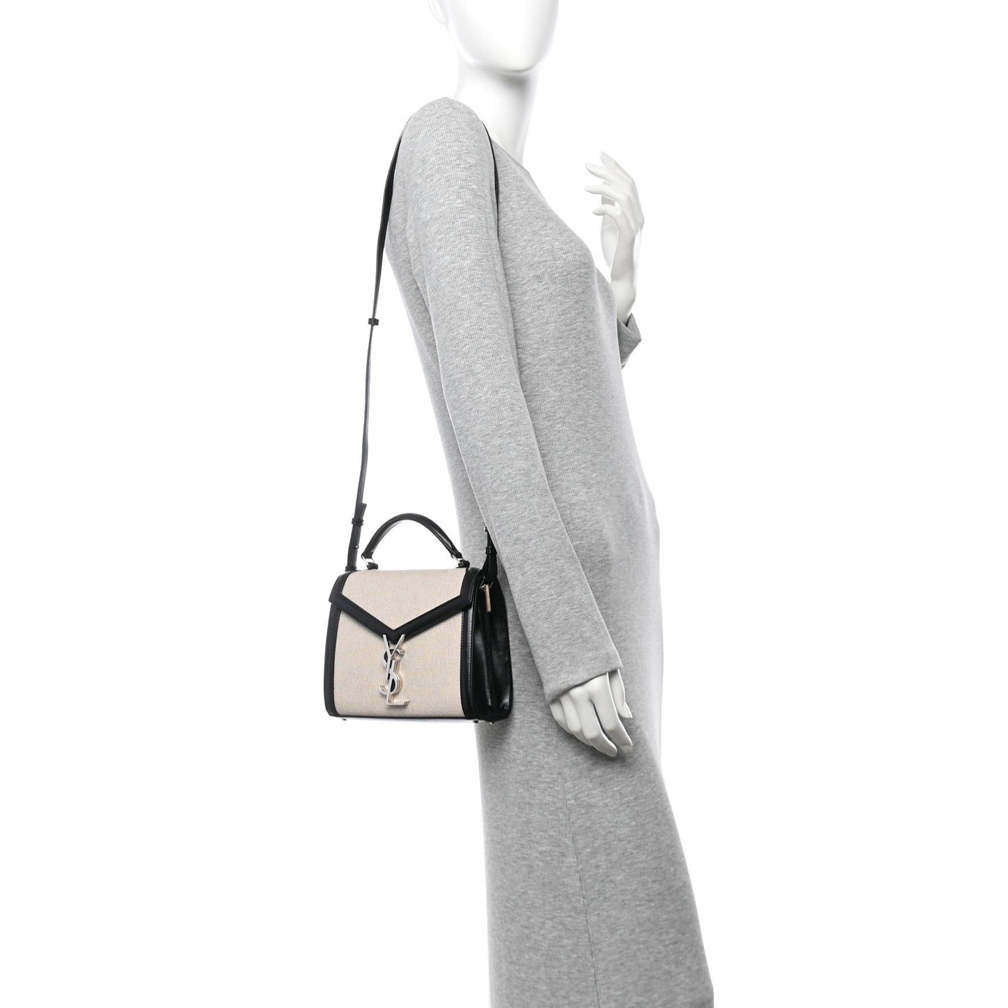 Canvas Calfskin Mini Classic Monogram Cassandra Top Handle Natural Beige Black