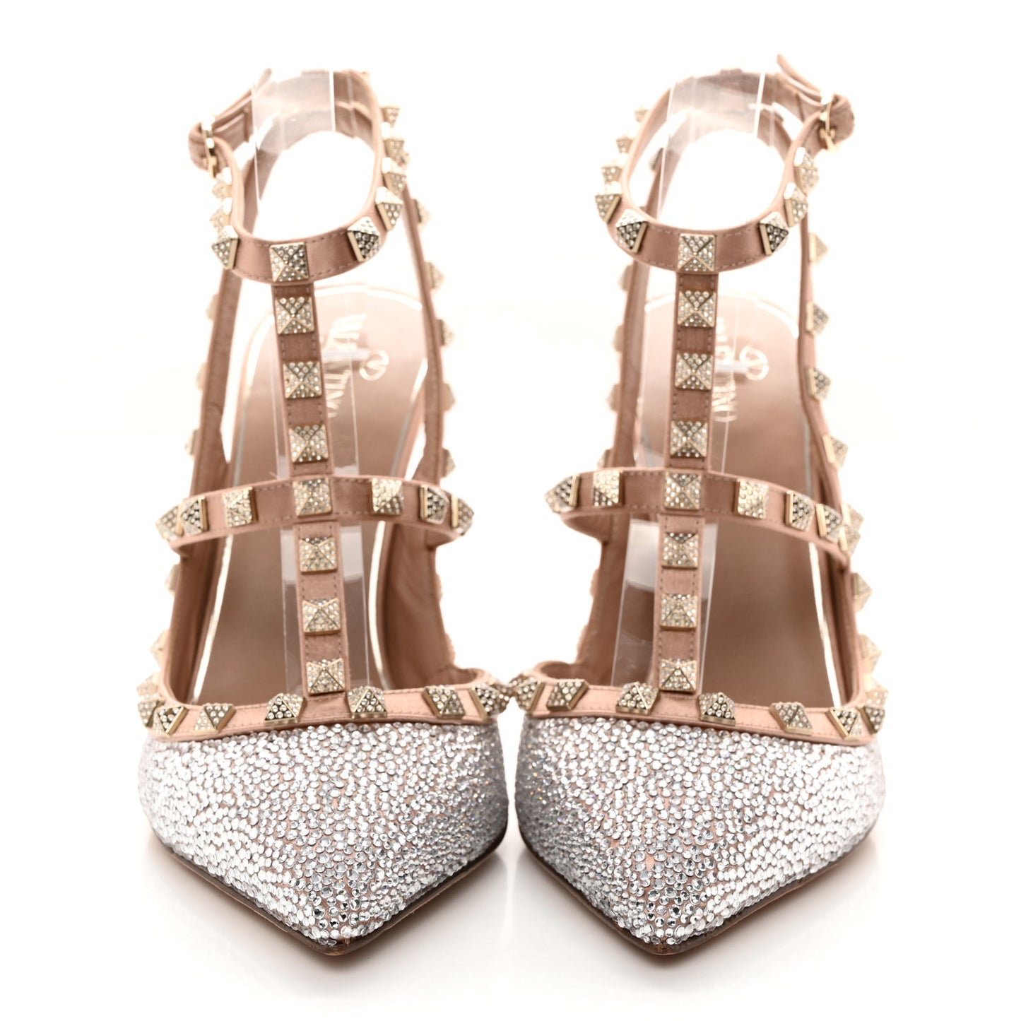 Crystal Embellished Rockstud Ankle Strap 100mm Pumps 41 Silver Rose Canalle