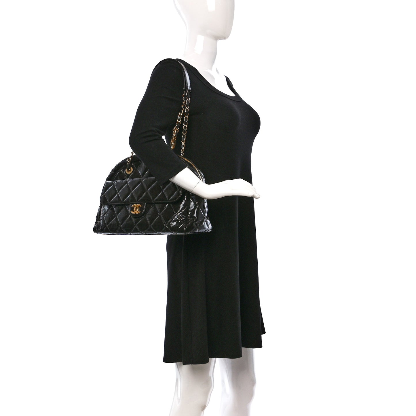 Shiny Crumpled Calfskin Quilted Large Bowling Bag Black